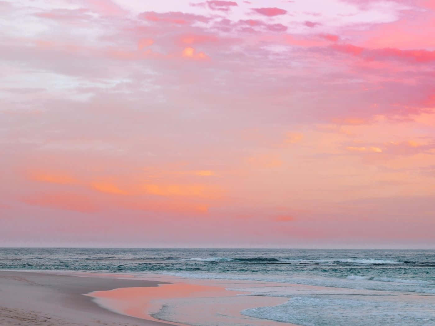 pink sunset, beach, wet sand, HD Desktop Wallpaper