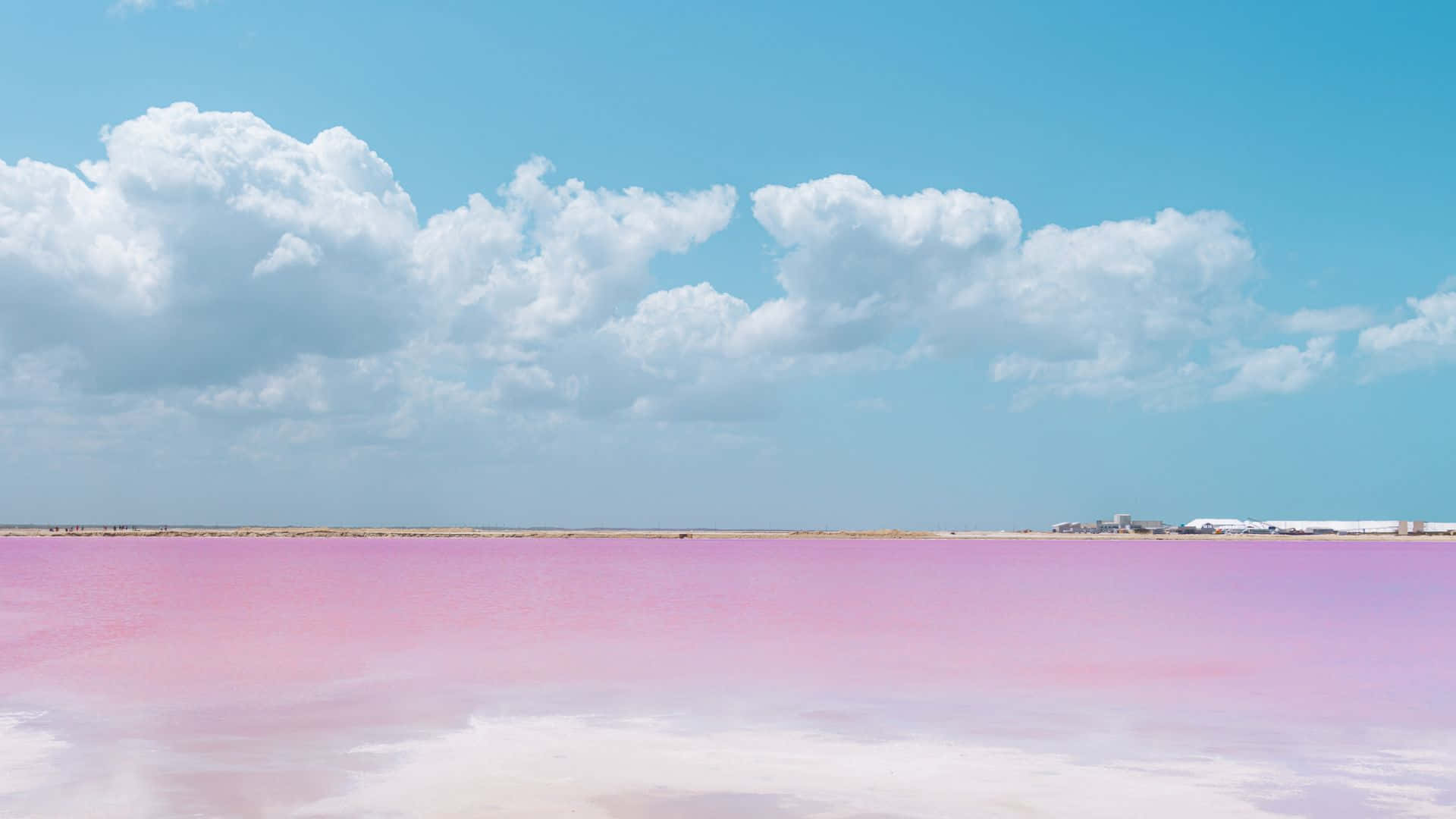 Pink Beach, pink salt lake, fluffy white clouds, Full HD Desktop Wallpaper