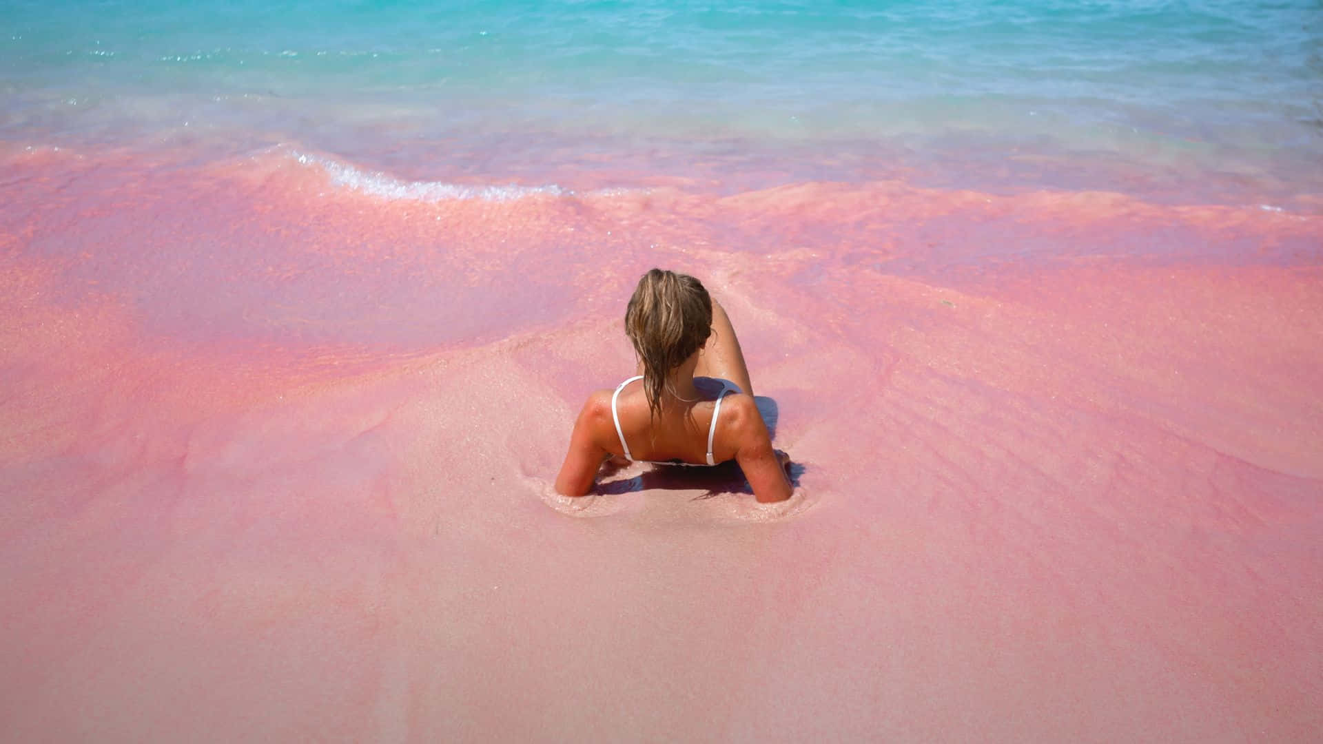 Pink Beach, white bikini, vibrant pink sand, Full HD Desktop Wallpaper
