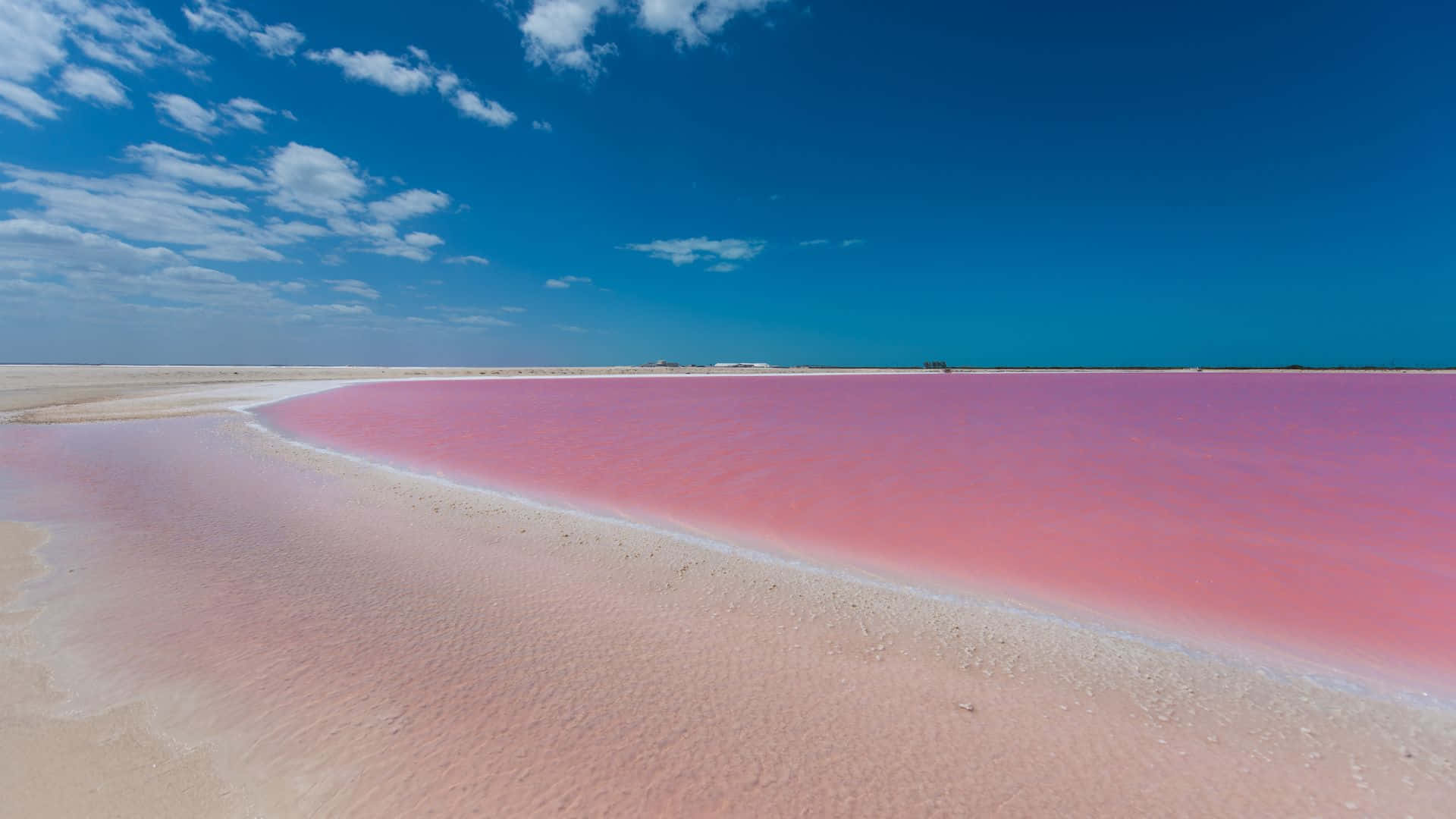 Pink Beach, pink salt lake, crystal clear waters, Full HD Desktop Wallpaper