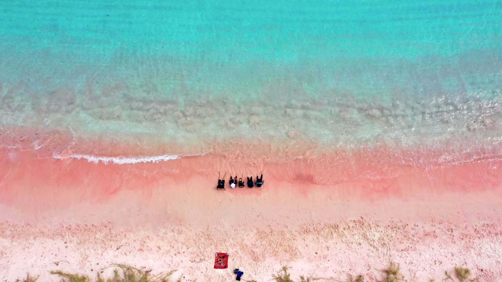 Pink Beach, vibrant pink sand beach, turquoise ocean waves, Full HD Desktop Wallpaper
