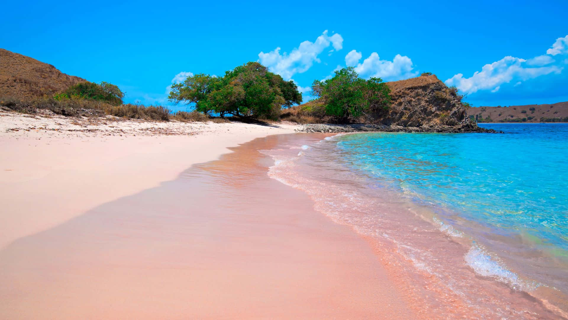 Pink Beach, pink sand, turquoise waters, Full HD Desktop Wallpaper