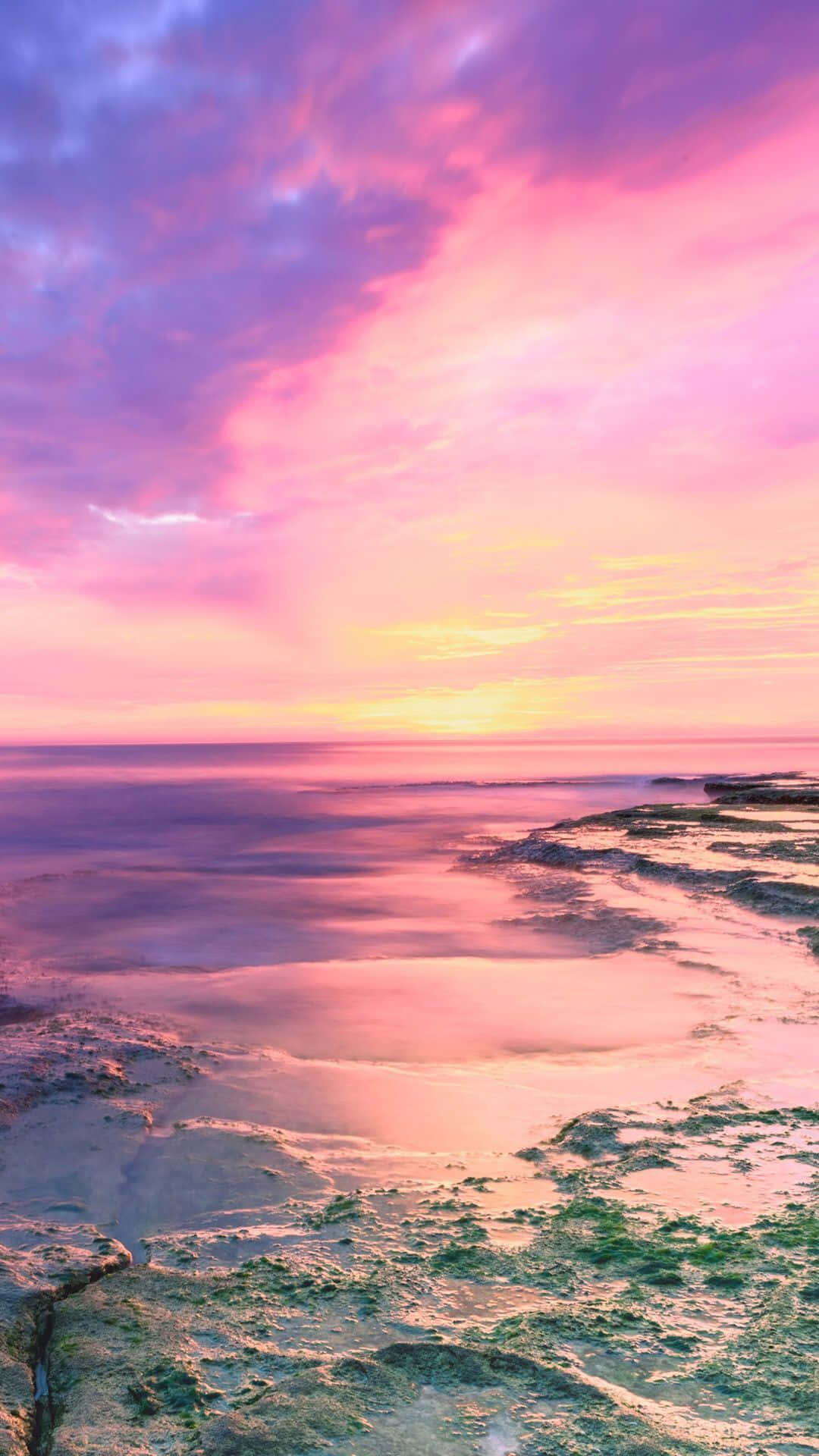pink and purple sunset, ocean, calm ocean, Full HD Phone Wallpaper