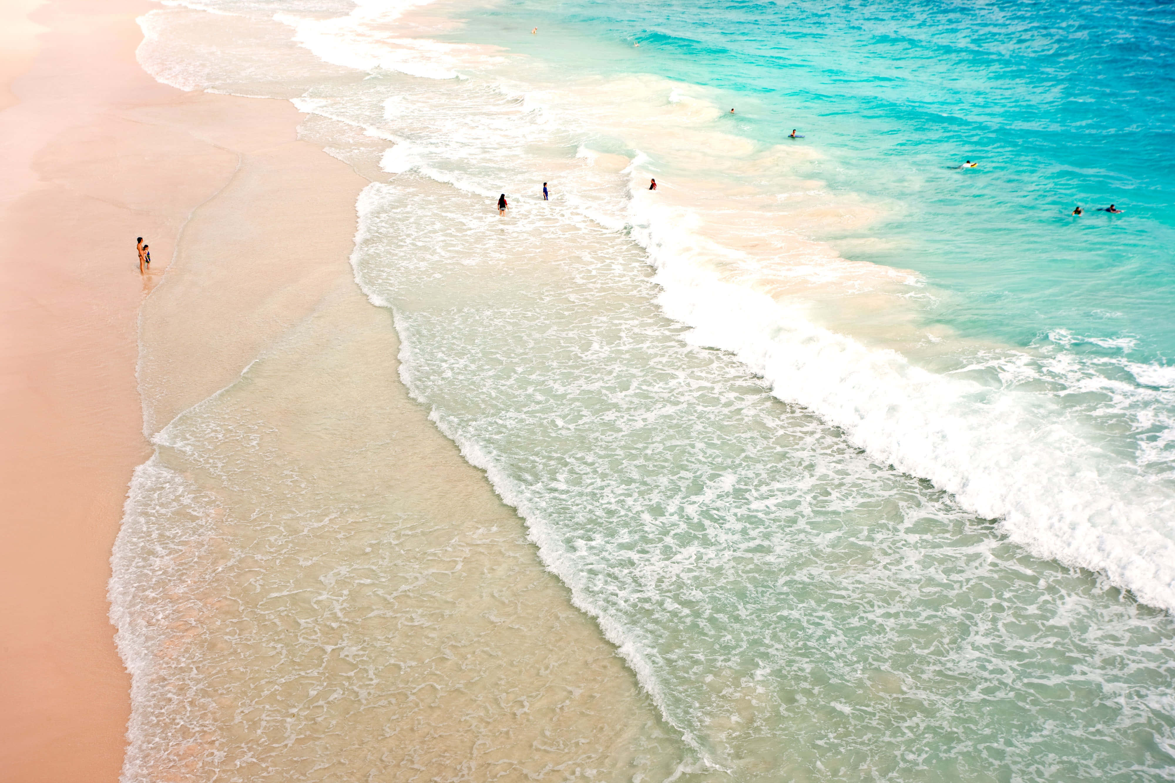 Pink Sand Beach, turquoise waves, aerial view, 4K Desktop Wallpaper