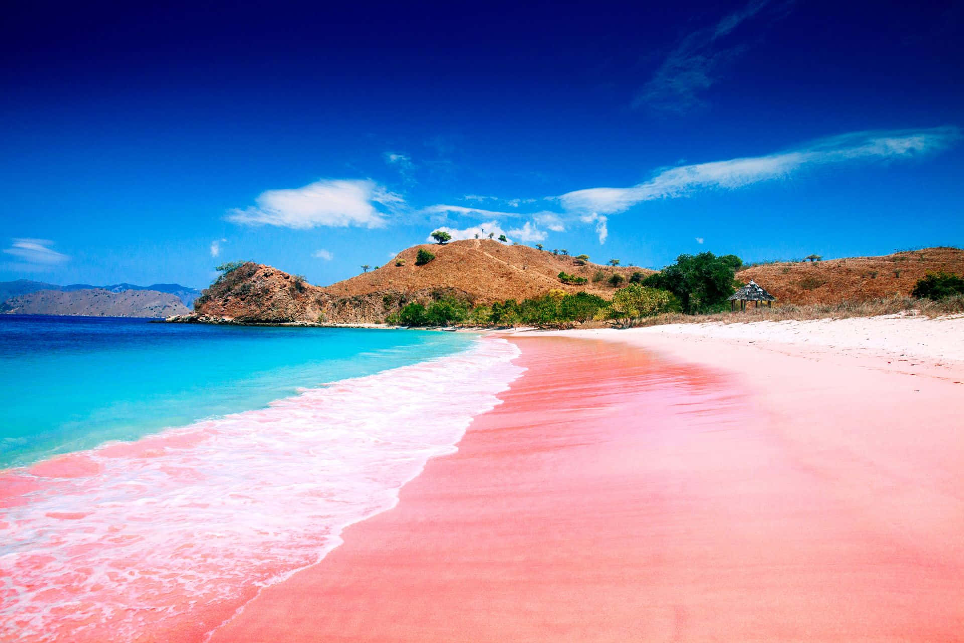 pink sand beach, turquoise waters, clear blue sky, Full HD Desktop Wallpaper