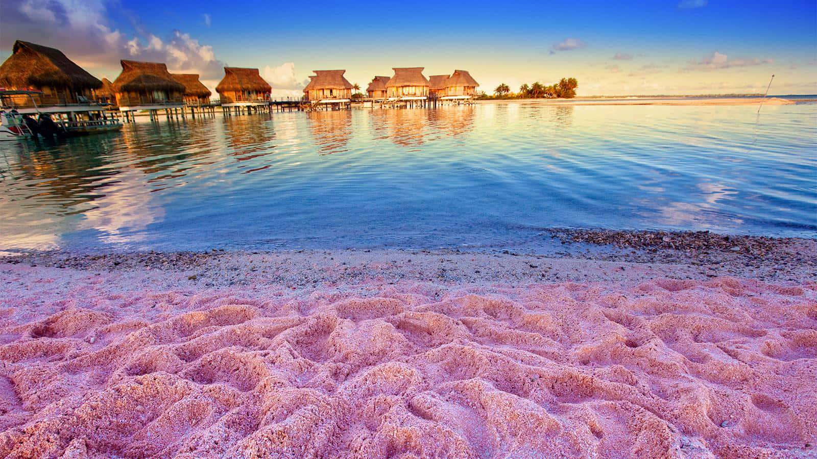 Pink Sand Beach, turquoise lagoon, overwater bungalows, HD Desktop Wallpaper