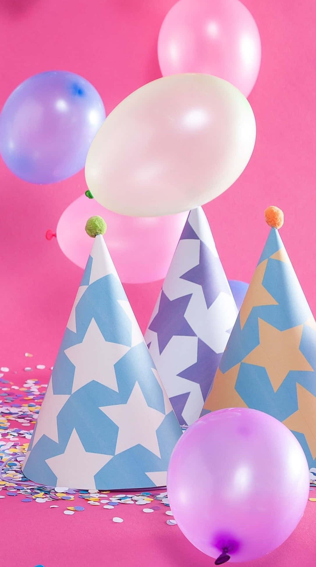 pink birthday, pastel balloons, star-patterned party hats, Full HD Phone Wallpaper