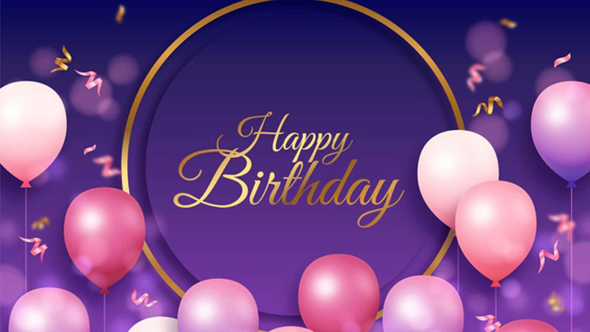 Pink Birthday, golden cursive Happy Birthday text, gold circle, Full HD Desktop Wallpaper