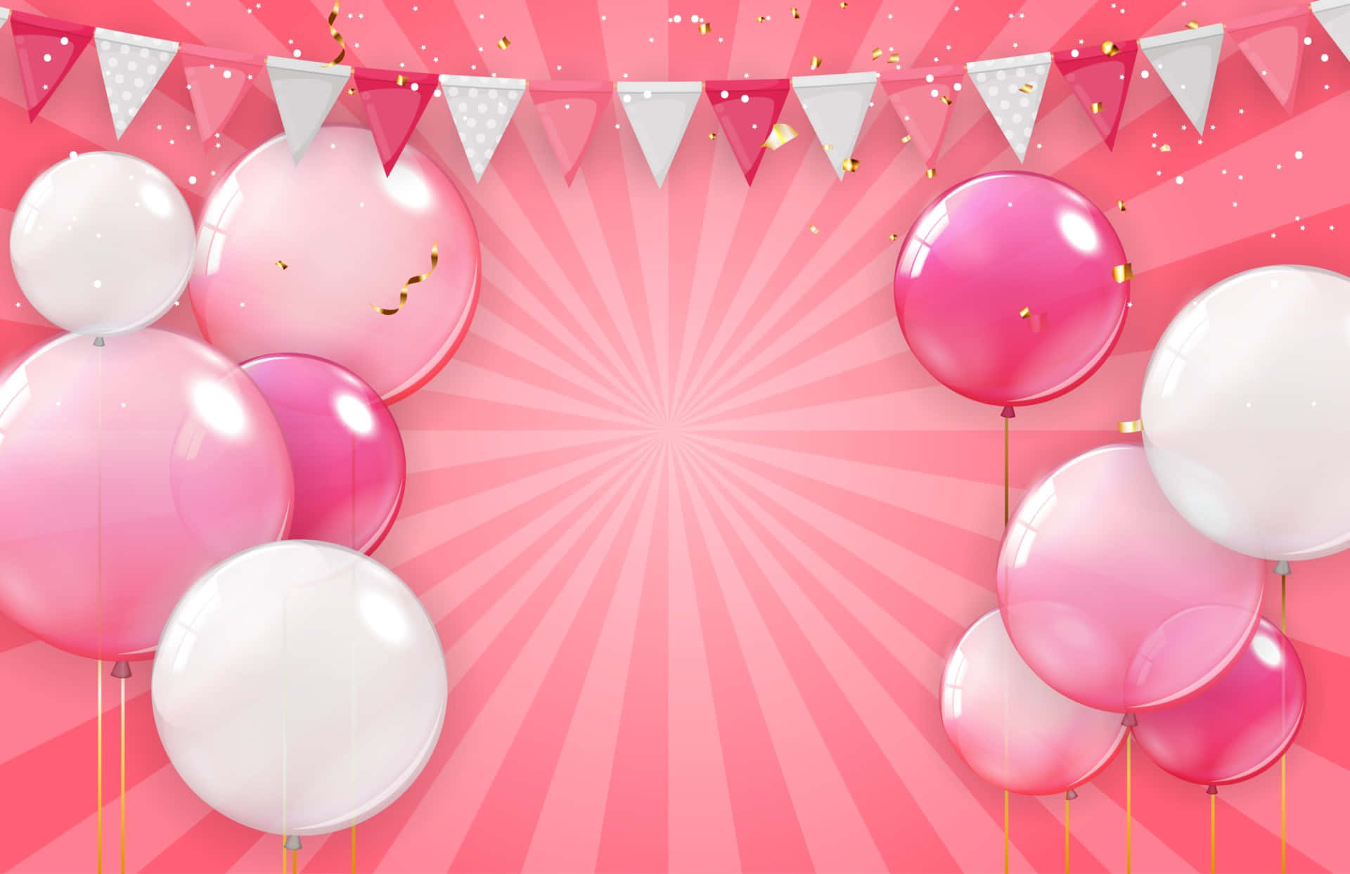 Pink Birthday, pink sunburst, pink and white balloons, Full HD Desktop Wallpaper