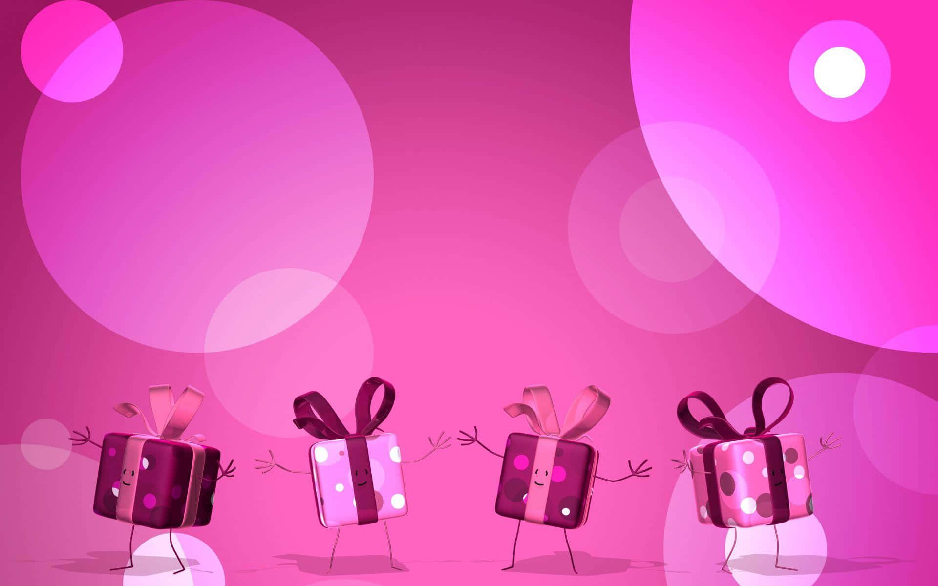 pink background, vibrant pink bokeh background, cartoon gift boxes, Full HD Desktop Wallpaper