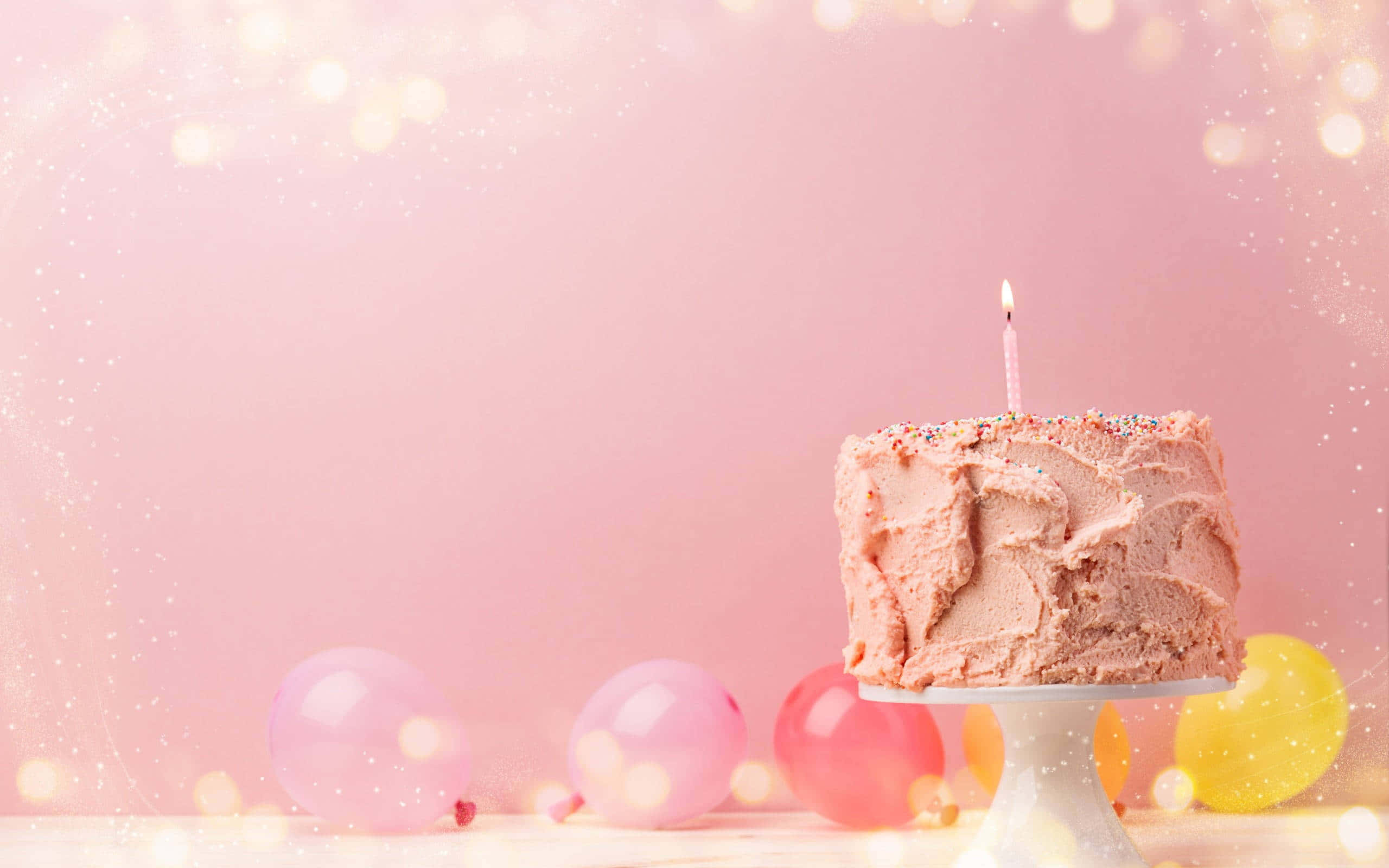 pink cake, white plate, colorful balloons, 2K Desktop Wallpaper