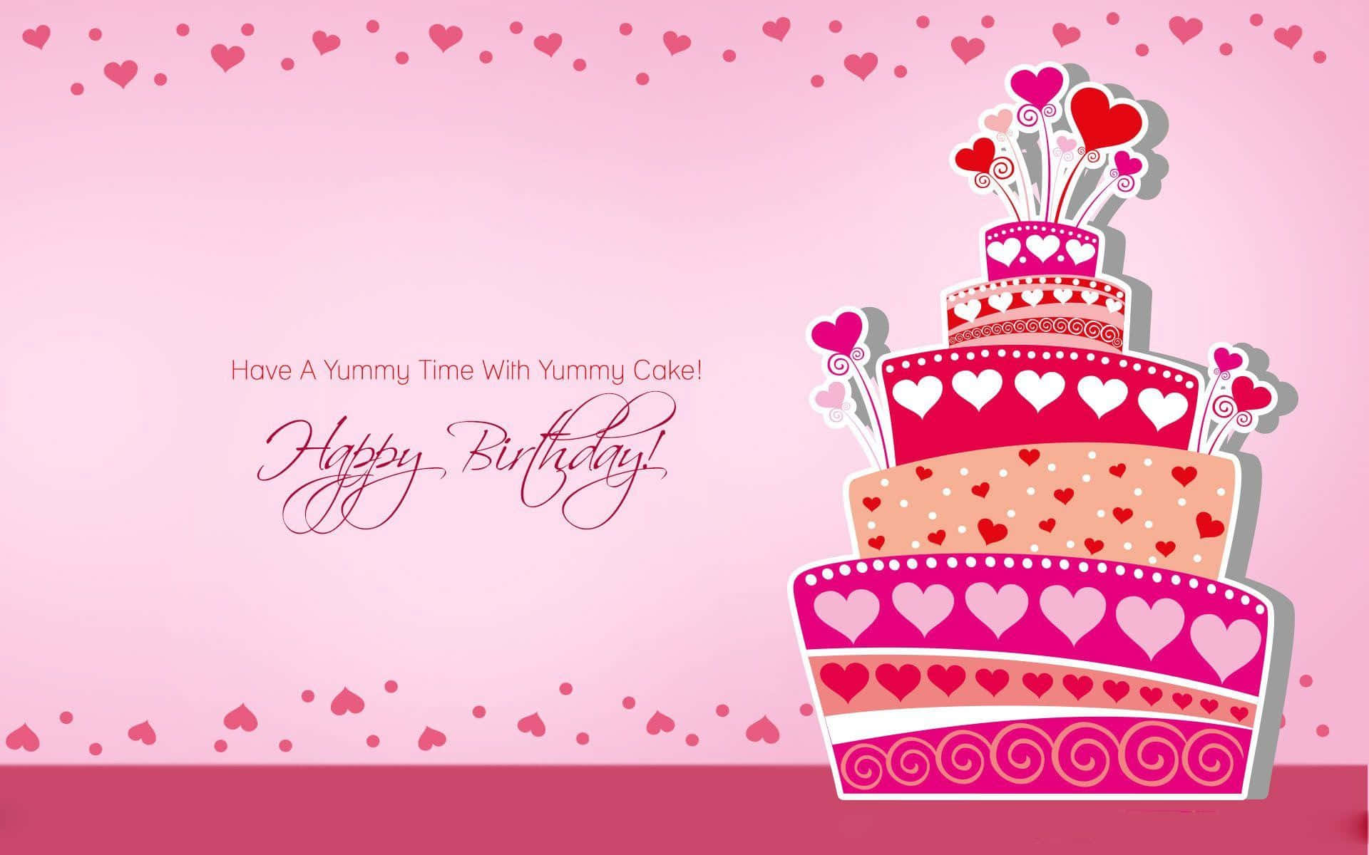 Pink Birthday, multi-tiered cake, hearts, Full HD Desktop Wallpaper