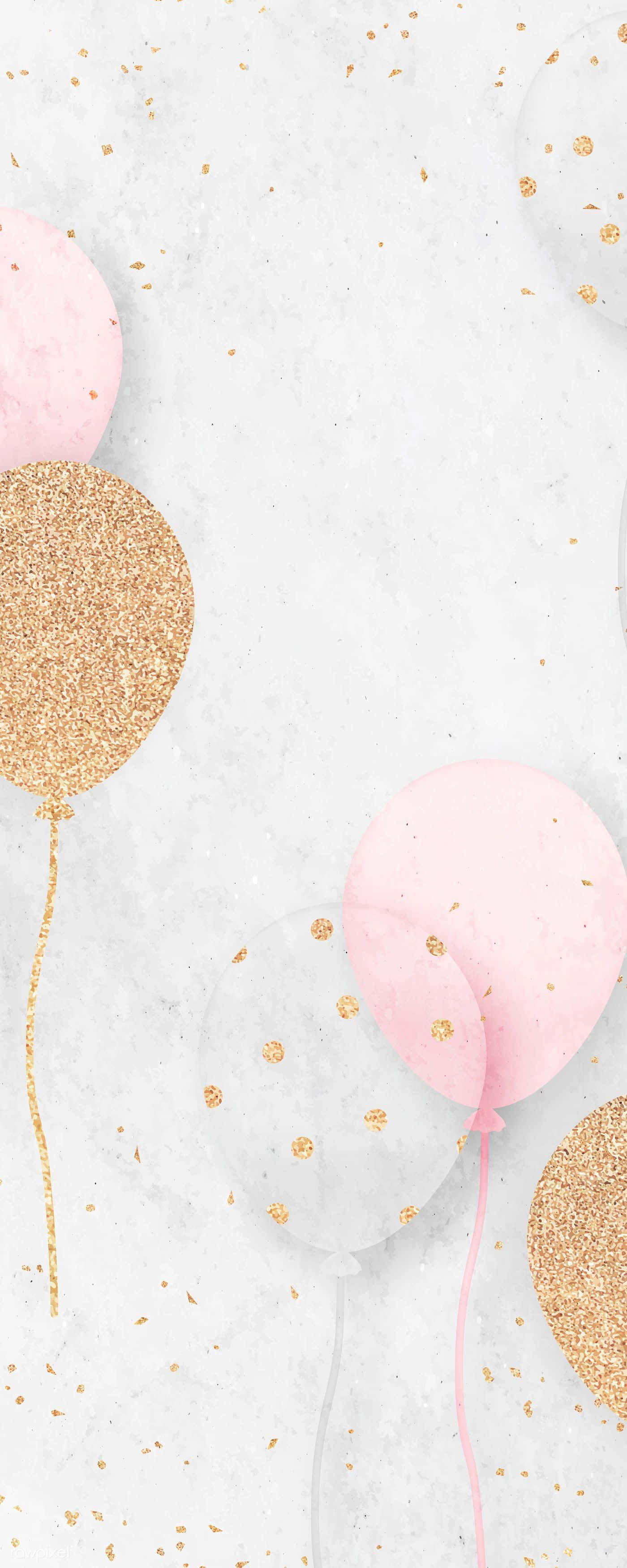 Pink Birthday, gold glitter balloons, textured white marble background, 2K Phone Wallpaper
