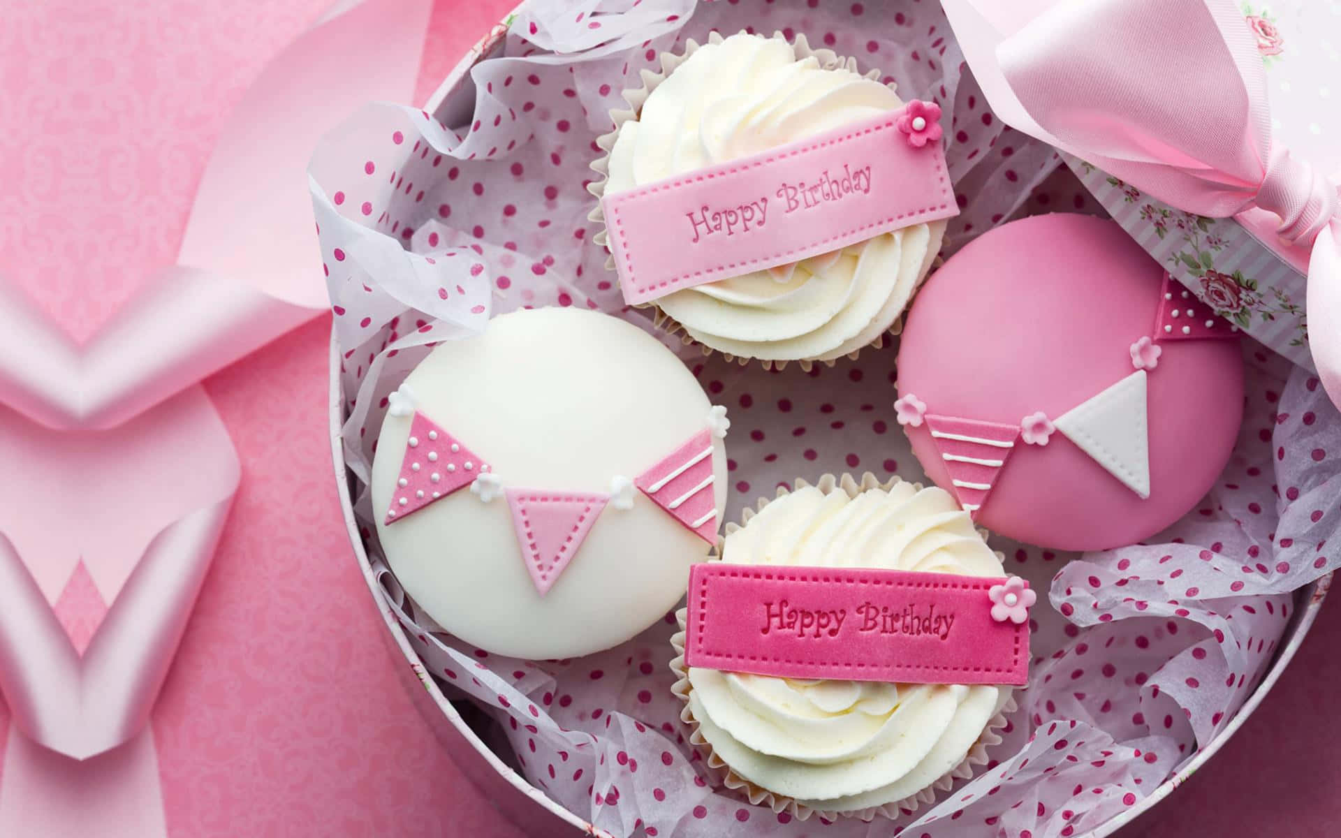 heart-shaped box, pink and white cupcakes, macarons, Full HD Desktop Wallpaper