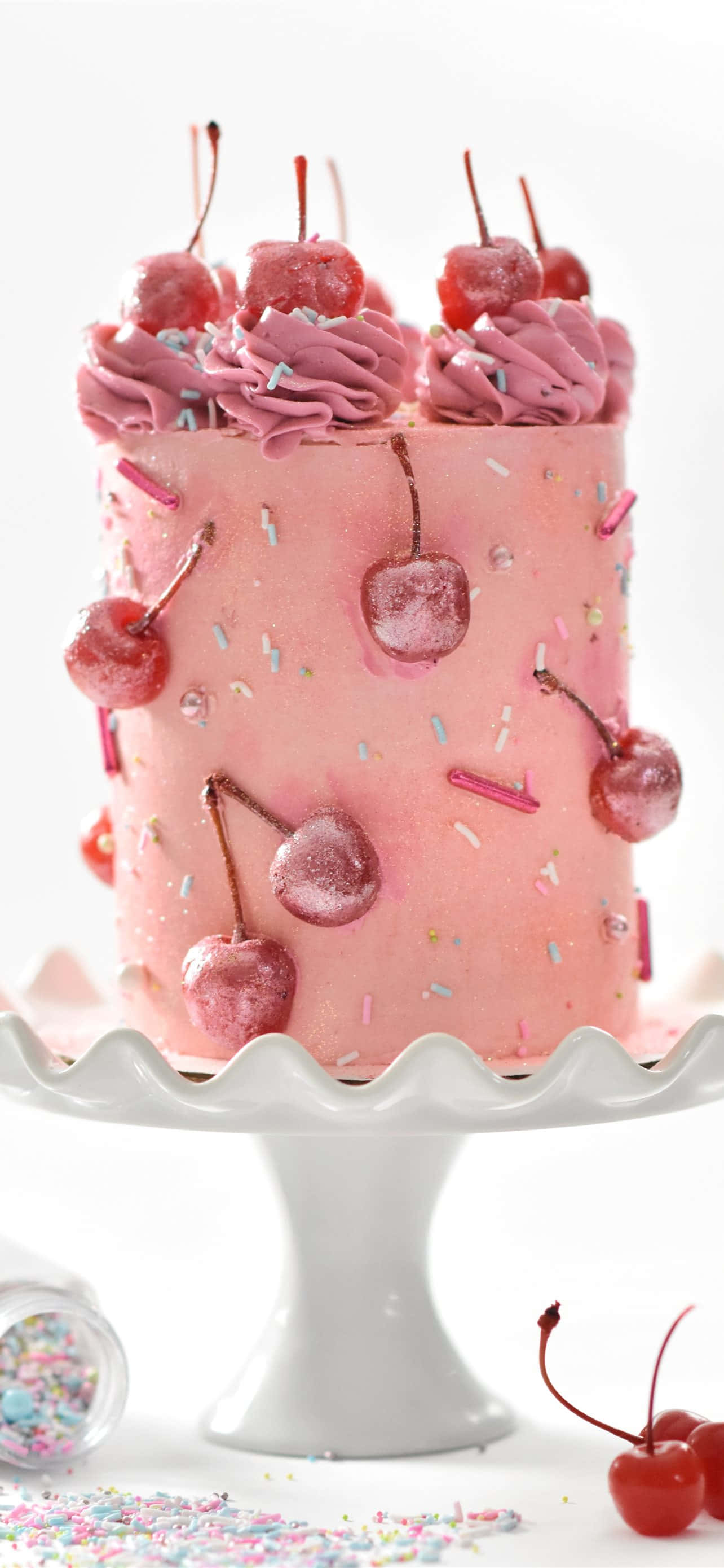 pink cake, cherries, glossy cherries, 2K Phone Wallpaper
