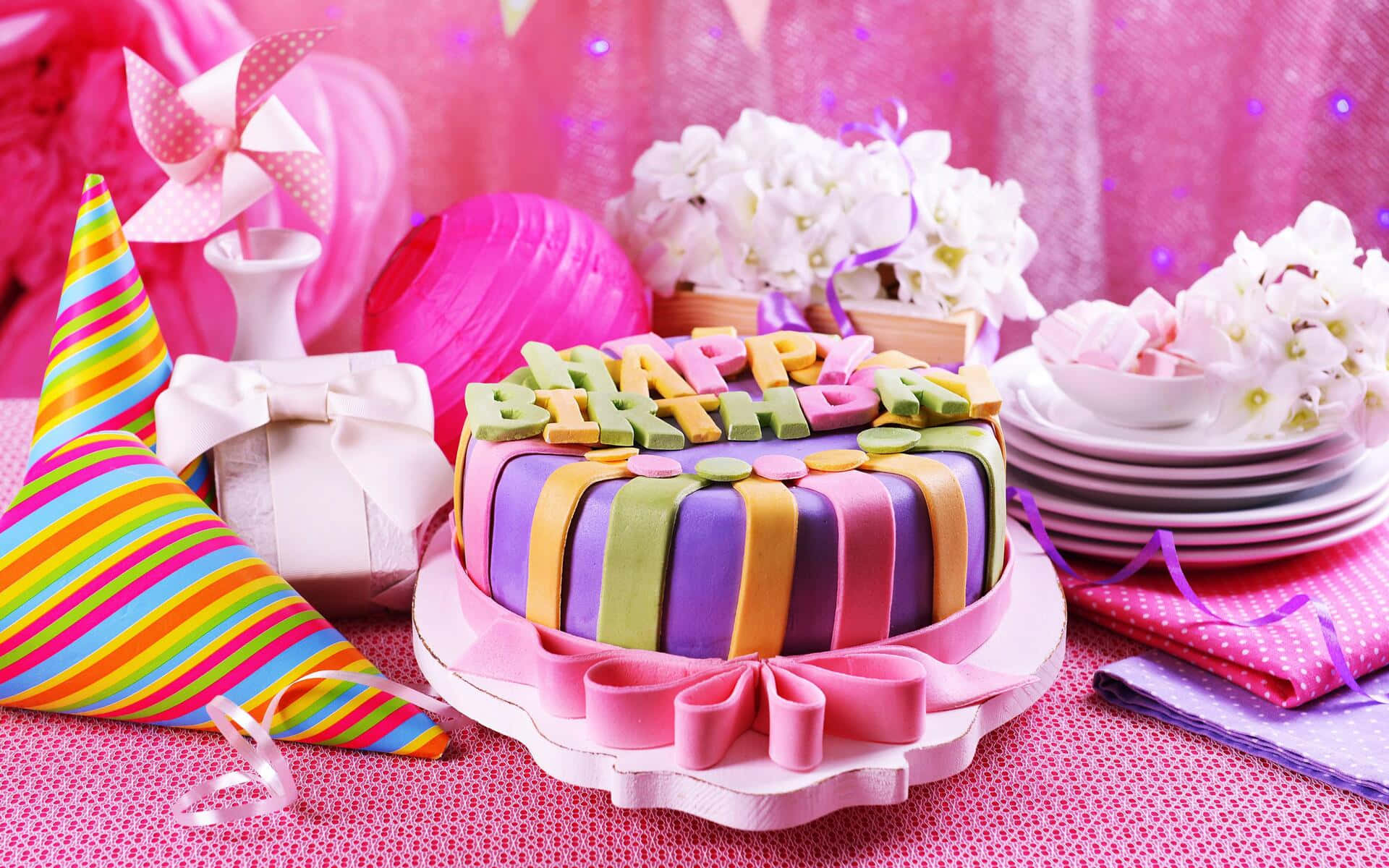 pink birthday, vibrantly decorated birthday cake, colorful fondant letters, Full HD Desktop Wallpaper