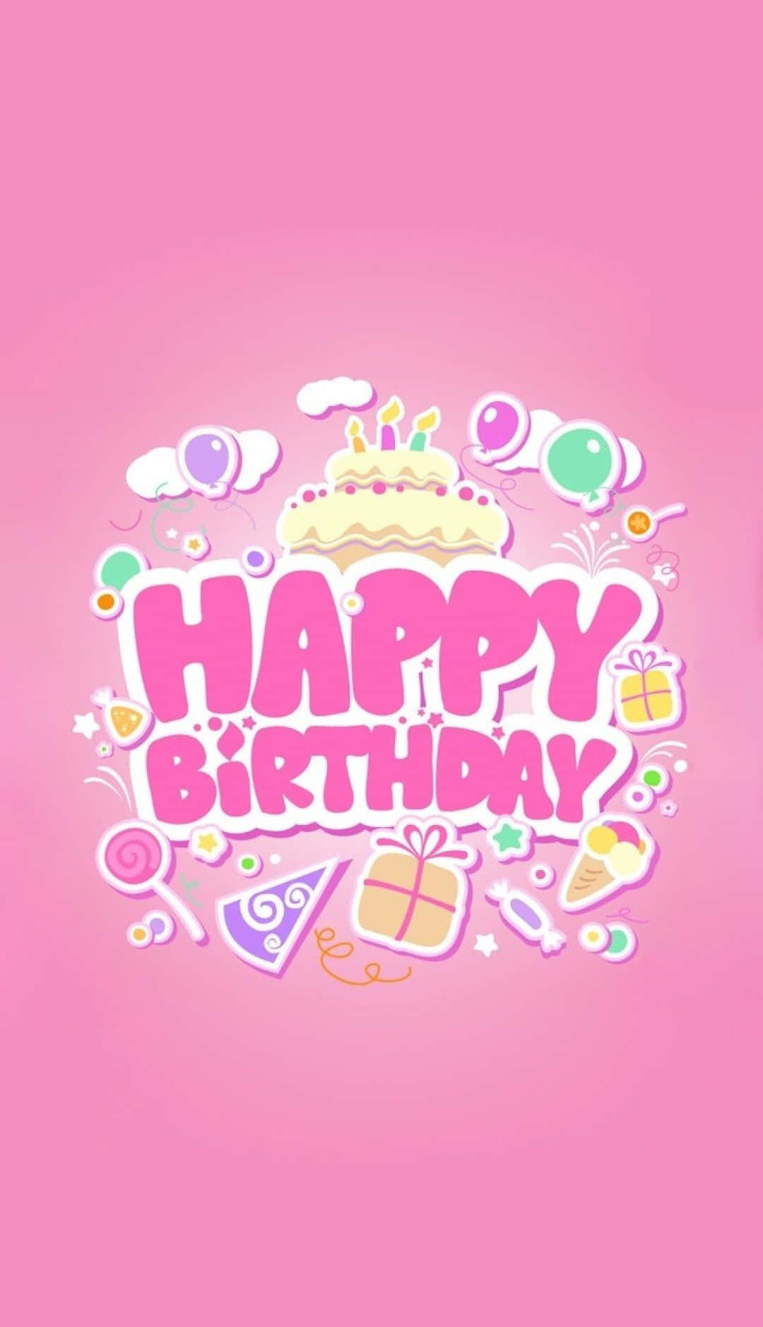pink birthday, cake, balloons, HD Phone Wallpaper