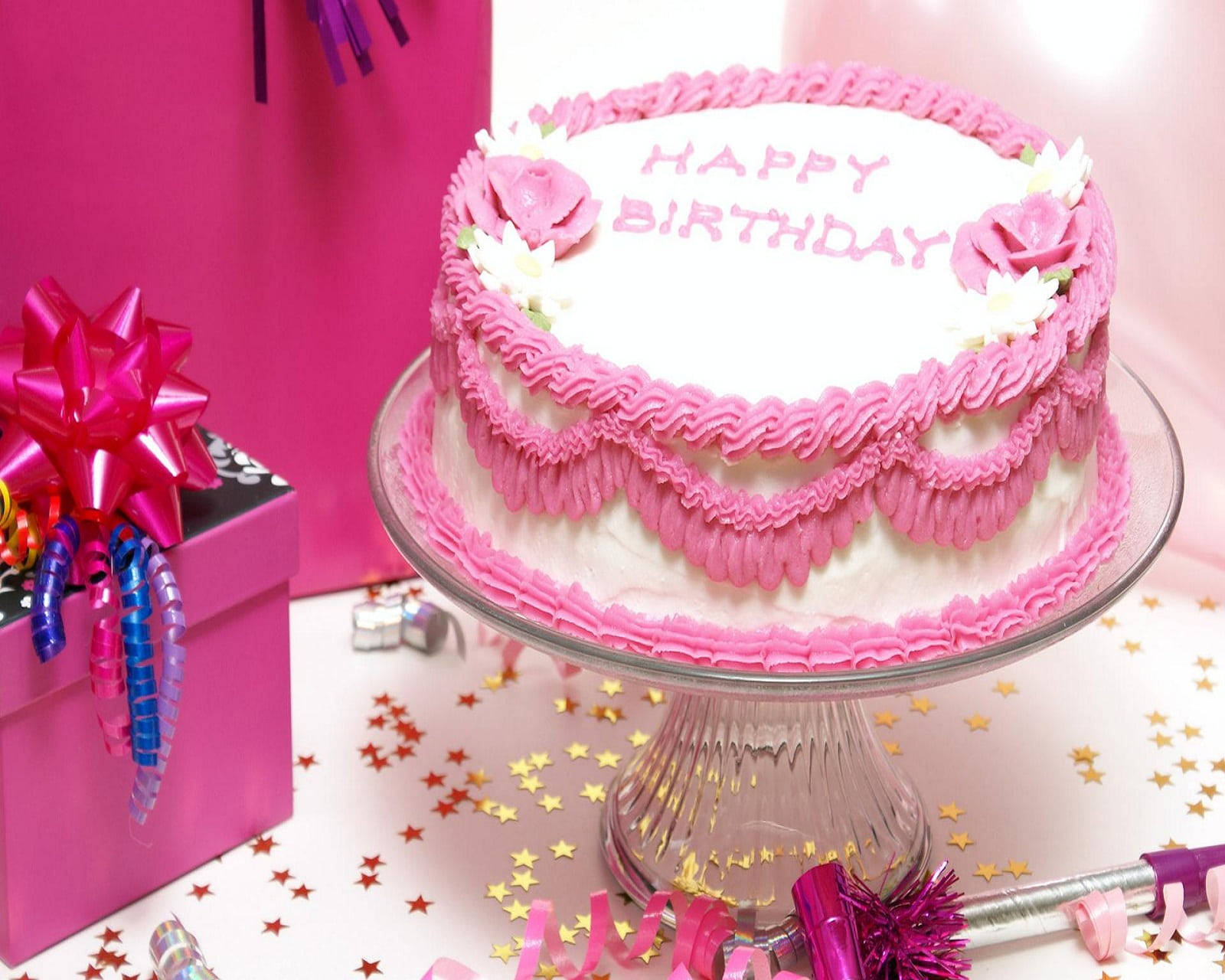 pink frosted birthday cake, ruffled icing, flowers, HD Desktop Wallpaper