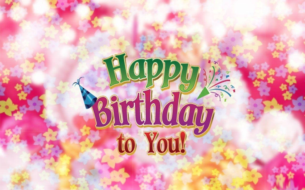 pink floral happy birthday background, soft pink background, colorful star confetti, HD Desktop Wallpaper