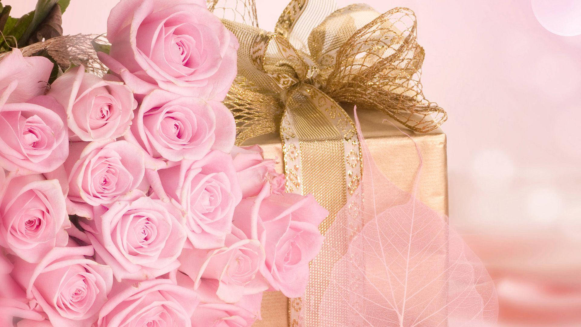 pink rose, gold gift box, shimmering gold bow, Full HD Desktop Wallpaper