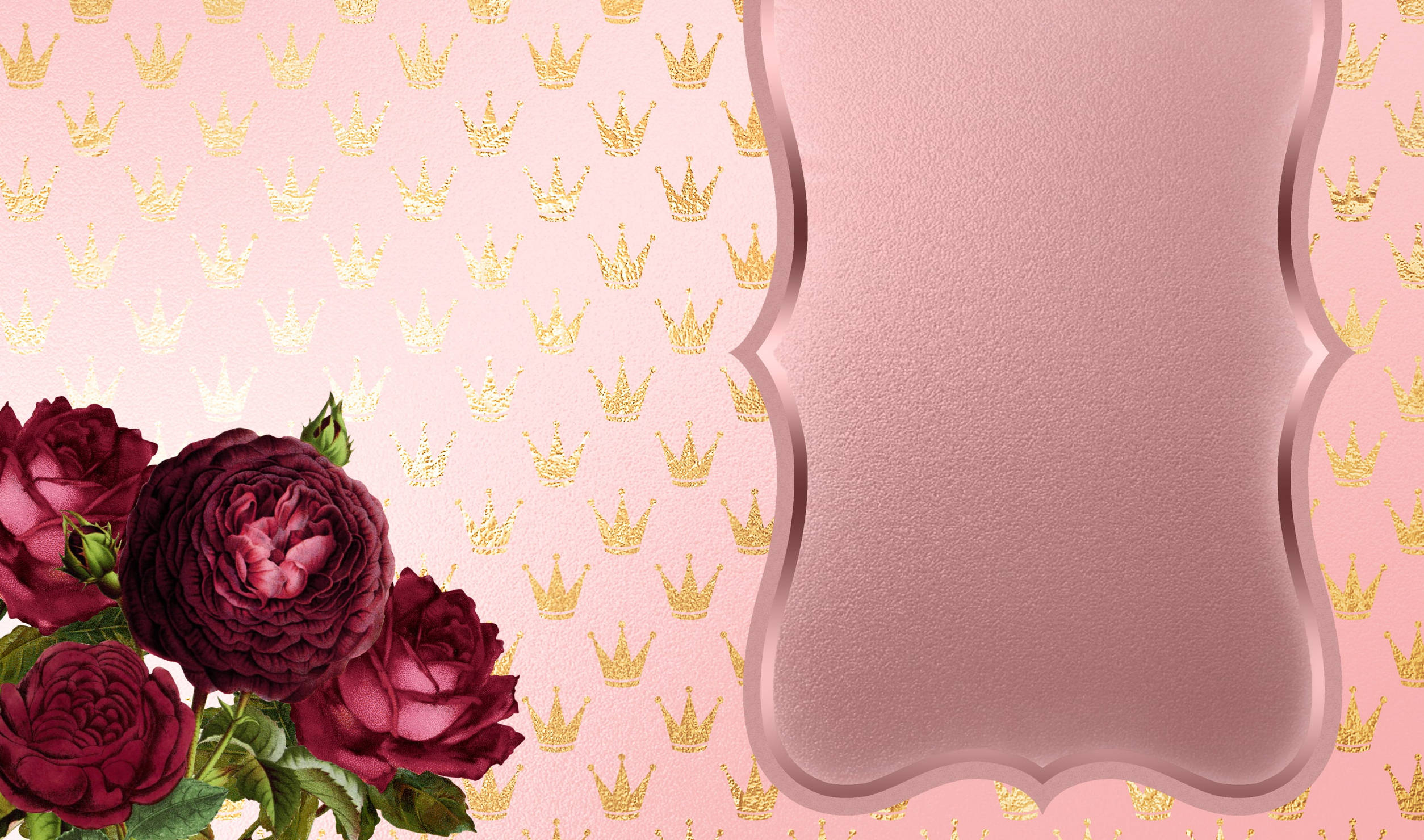 Deep burgundy roses, pink background, gold crowns, Full HD Desktop Wallpaper