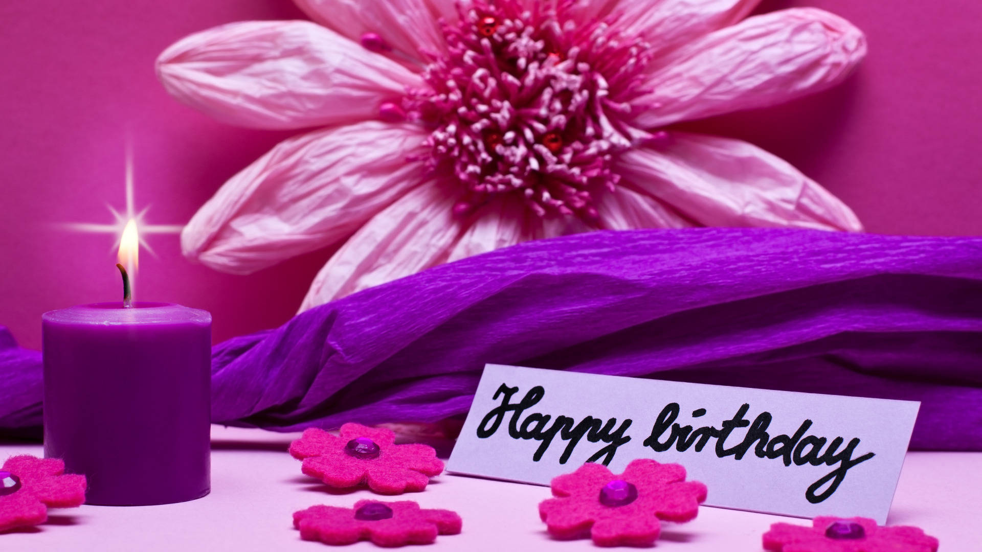 Happy Birthday, pink flower, purple candle, Full HD Desktop Wallpaper