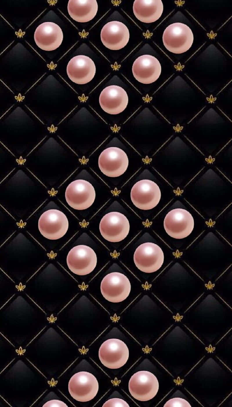 Pink pearls, black quilted leather surface, gold stitching, HD Phone Wallpaper