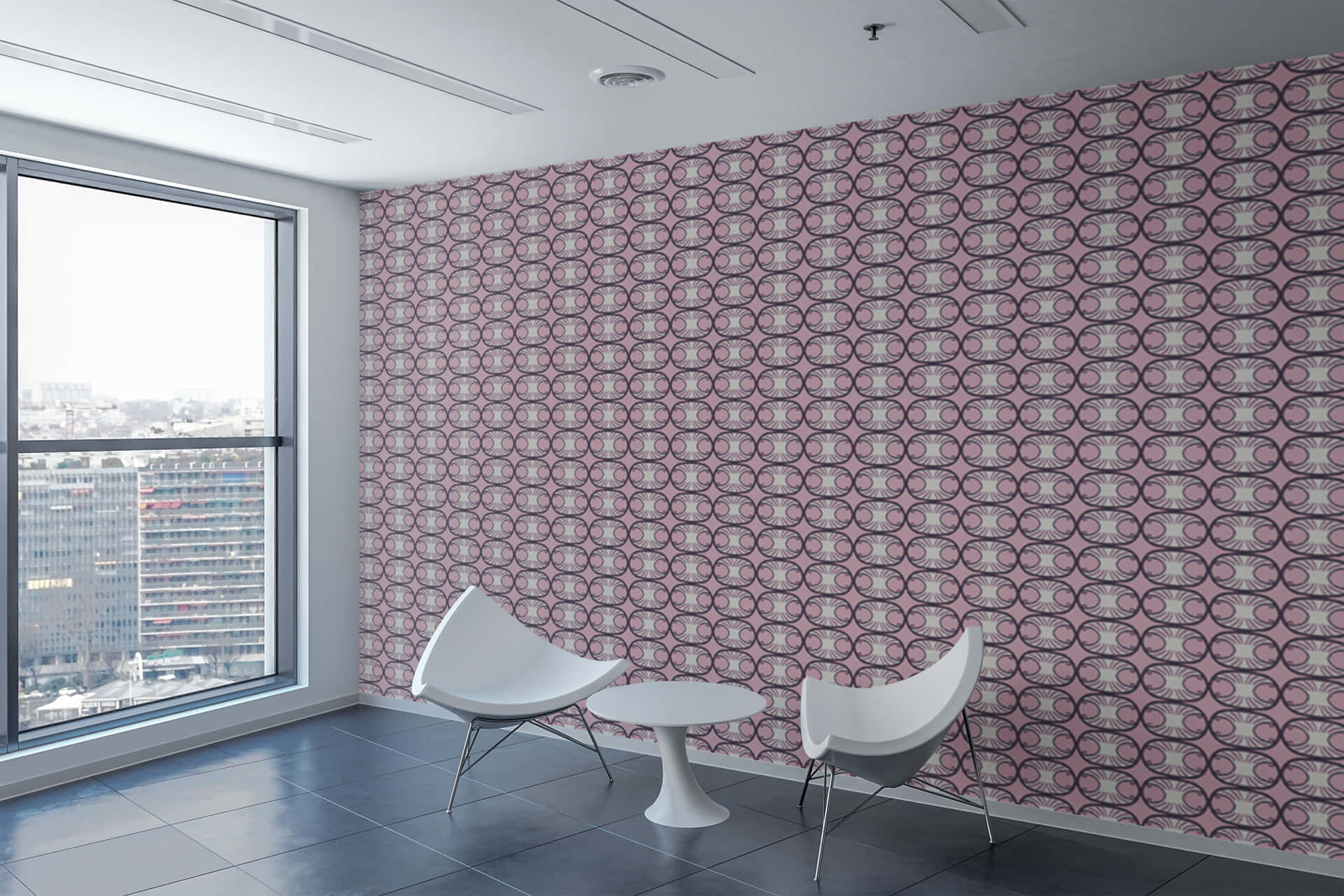 pink geometric wallpaper, white chairs, white table, Full HD Desktop Wallpaper