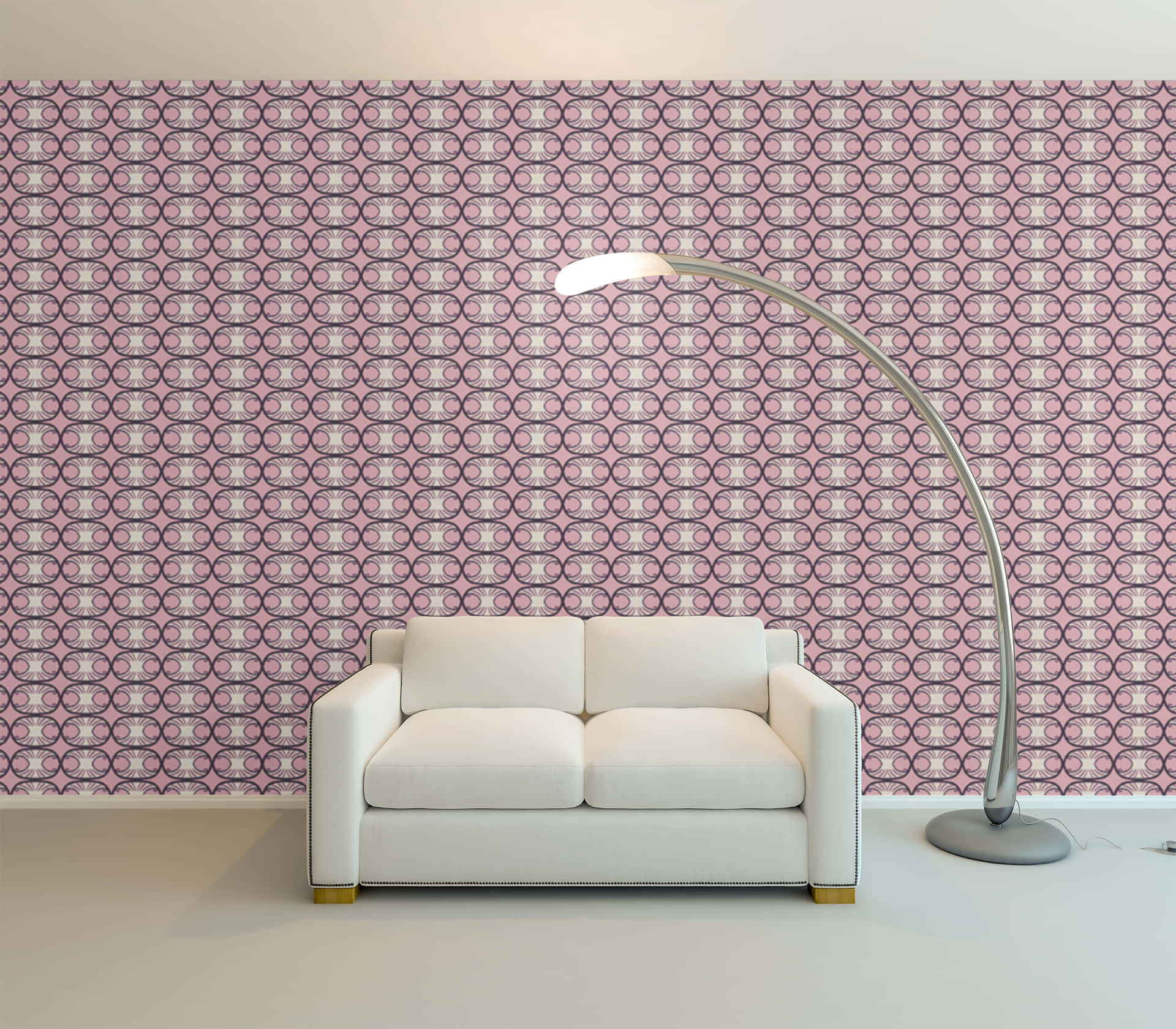white modern sofa, pink wallpaper with repeating geometric patterns, sleek silver floor lamp, Full HD Desktop Wallpaper