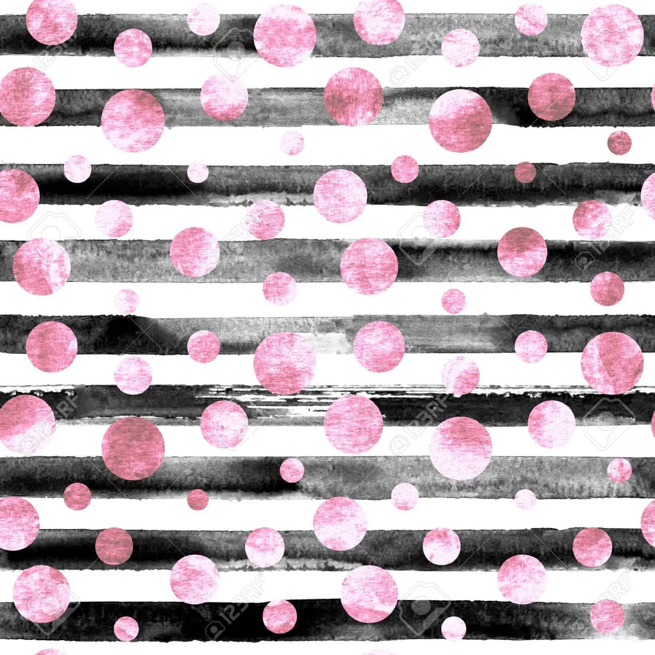 Pink watercolor polka dots, black and white brushstroke stripes, playful abstract pattern, HD Desktop Wallpaper