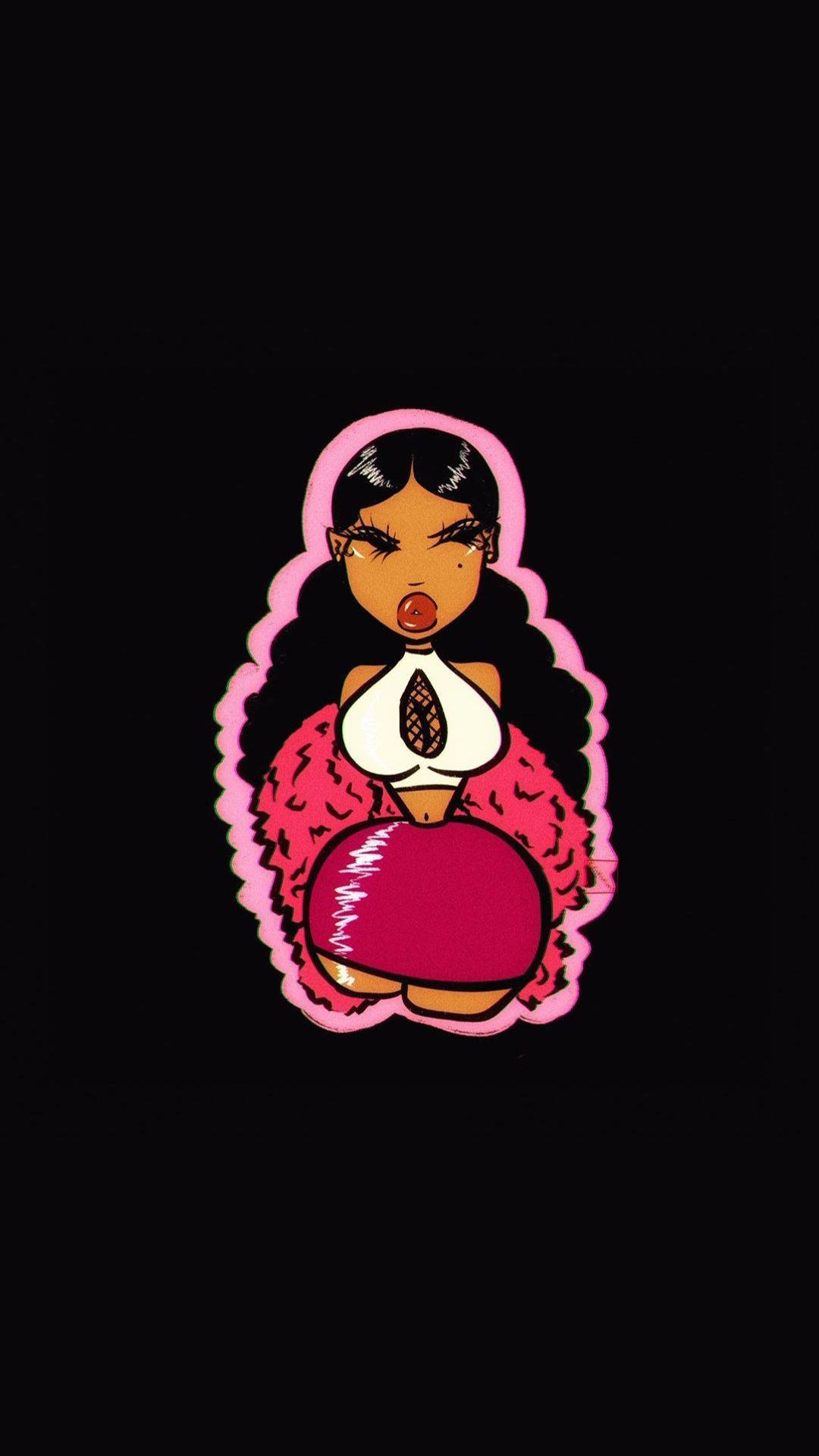 Pink And Black Baddie PFP, long black hair, pink fur coat, Full HD Phone Wallpaper