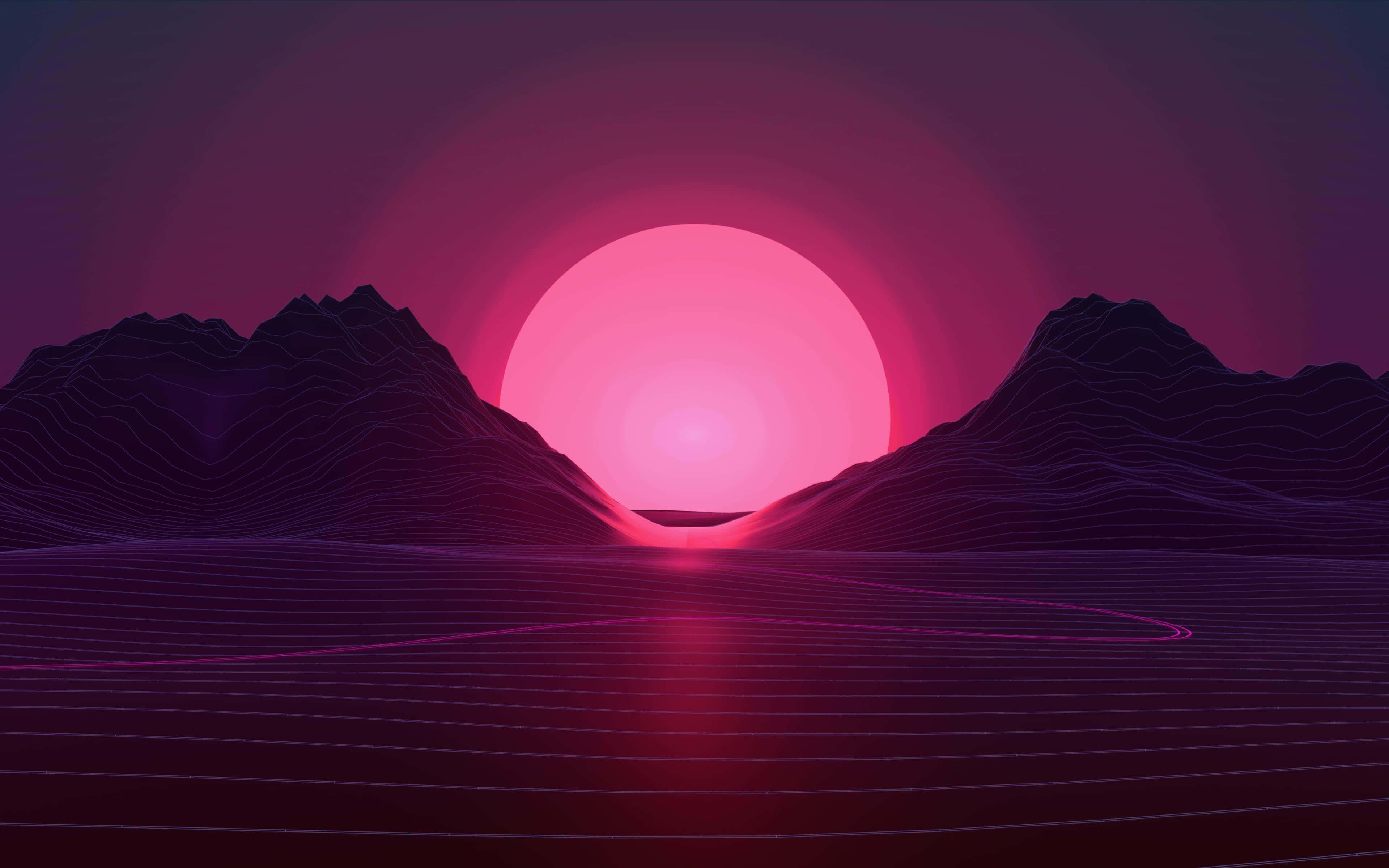Pink Black, glowing pink sun, purple mountains, 4K Desktop Wallpaper