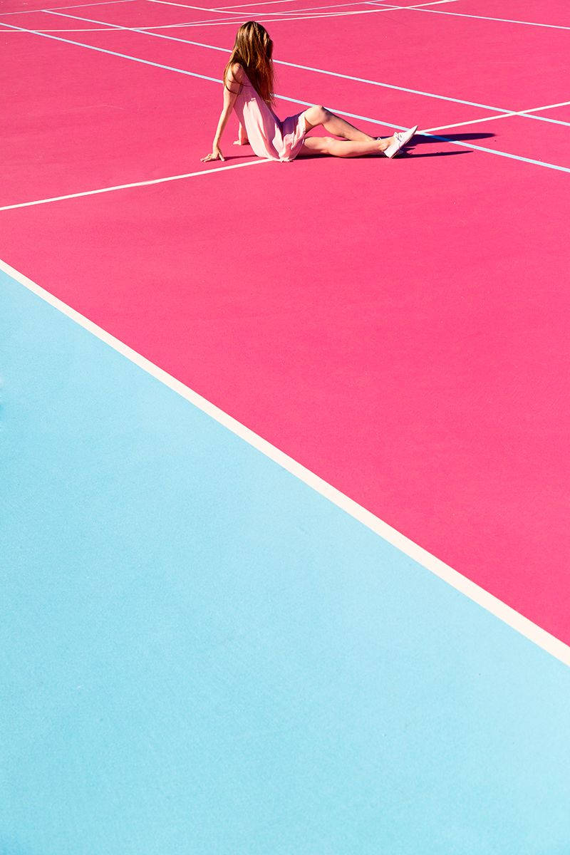 pink blue court, pink dress, vibrant pink and blue tennis court, SD Phone Wallpaper