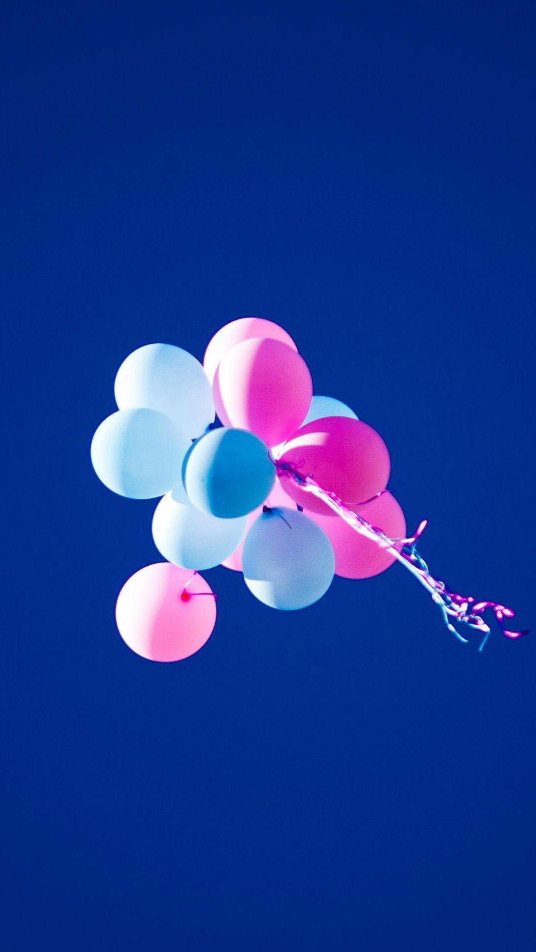 pastel pink, blue balloons, deep royal blue sky, Full HD Phone Wallpaper