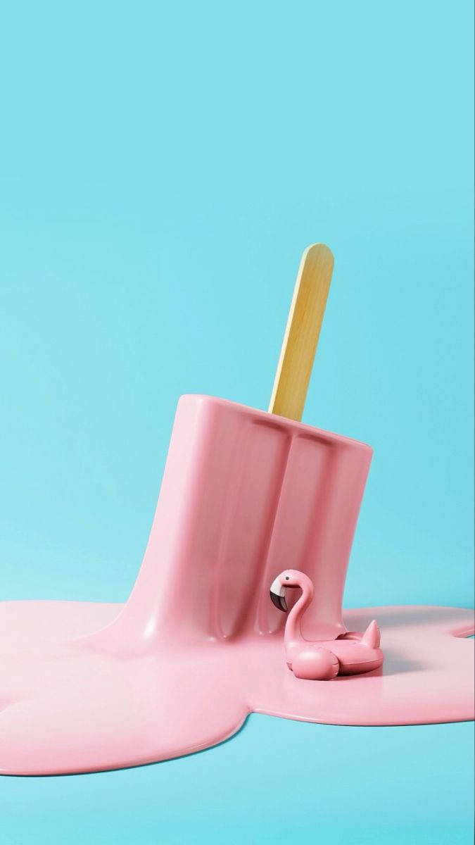 melting pink popsicle, turquoise background, tiny pink flamingo figurine, SD Phone Wallpaper