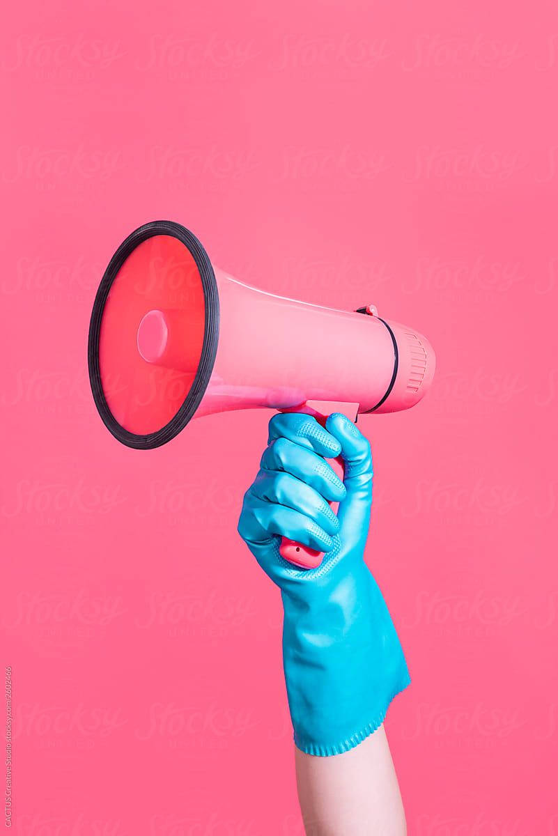 pink megaphone, blue gloves, solid pink background, SD Phone Wallpaper