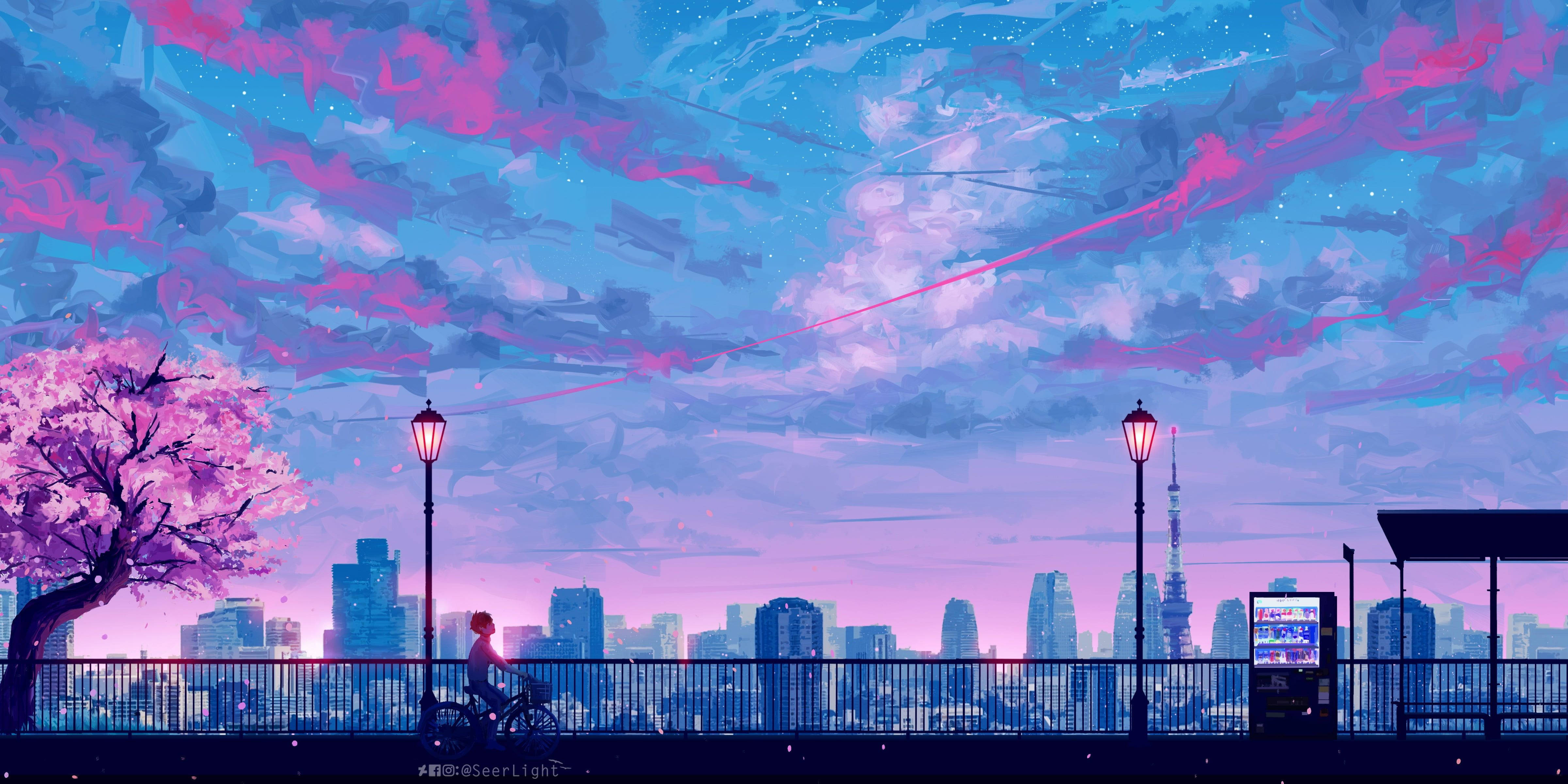 Pink Blue, anime city, cherry blossom tree, 4K Desktop Wallpaper