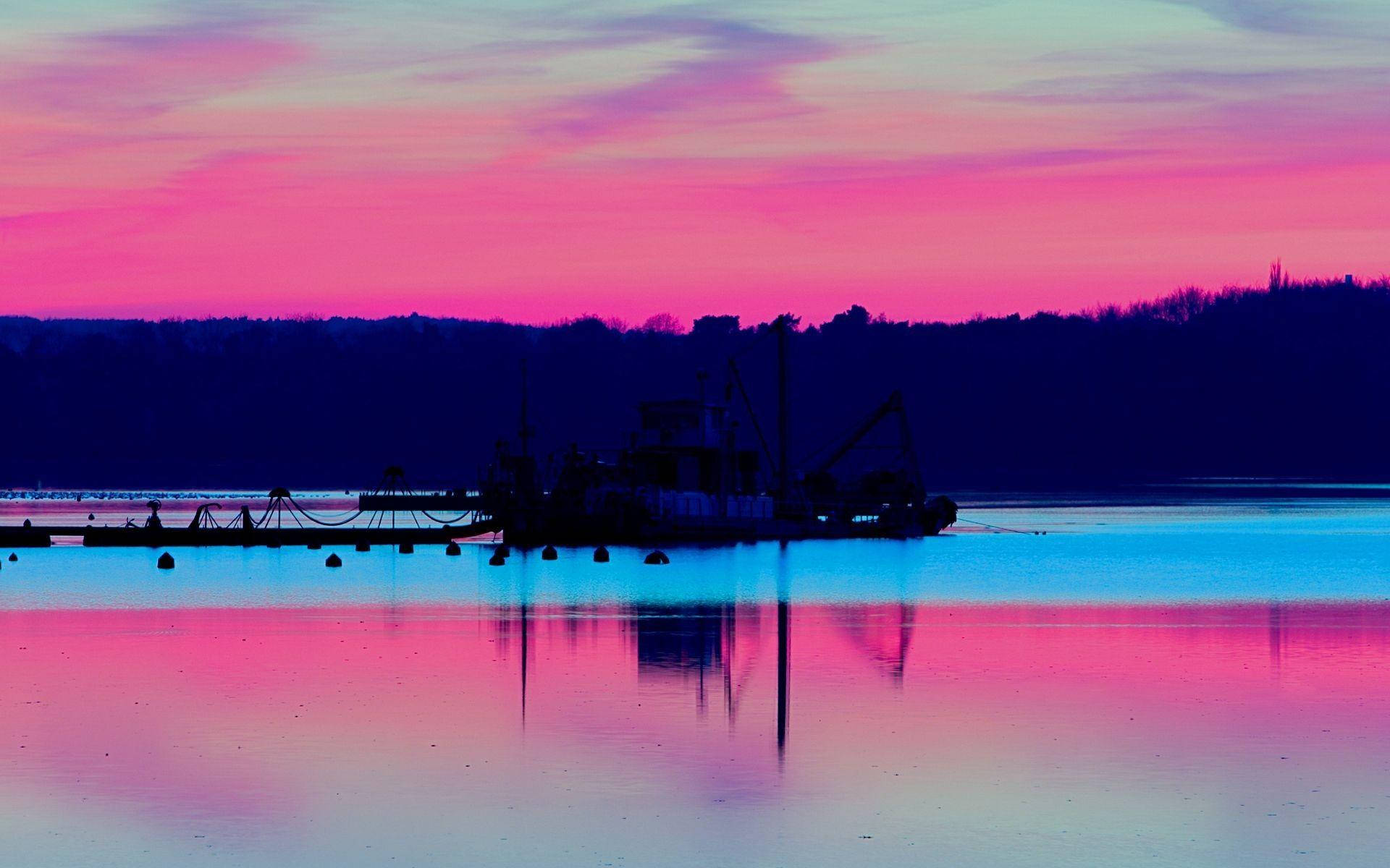 pink and blue twilight sky, calm water, silhouette of a docked boat, Full HD Desktop Wallpaper