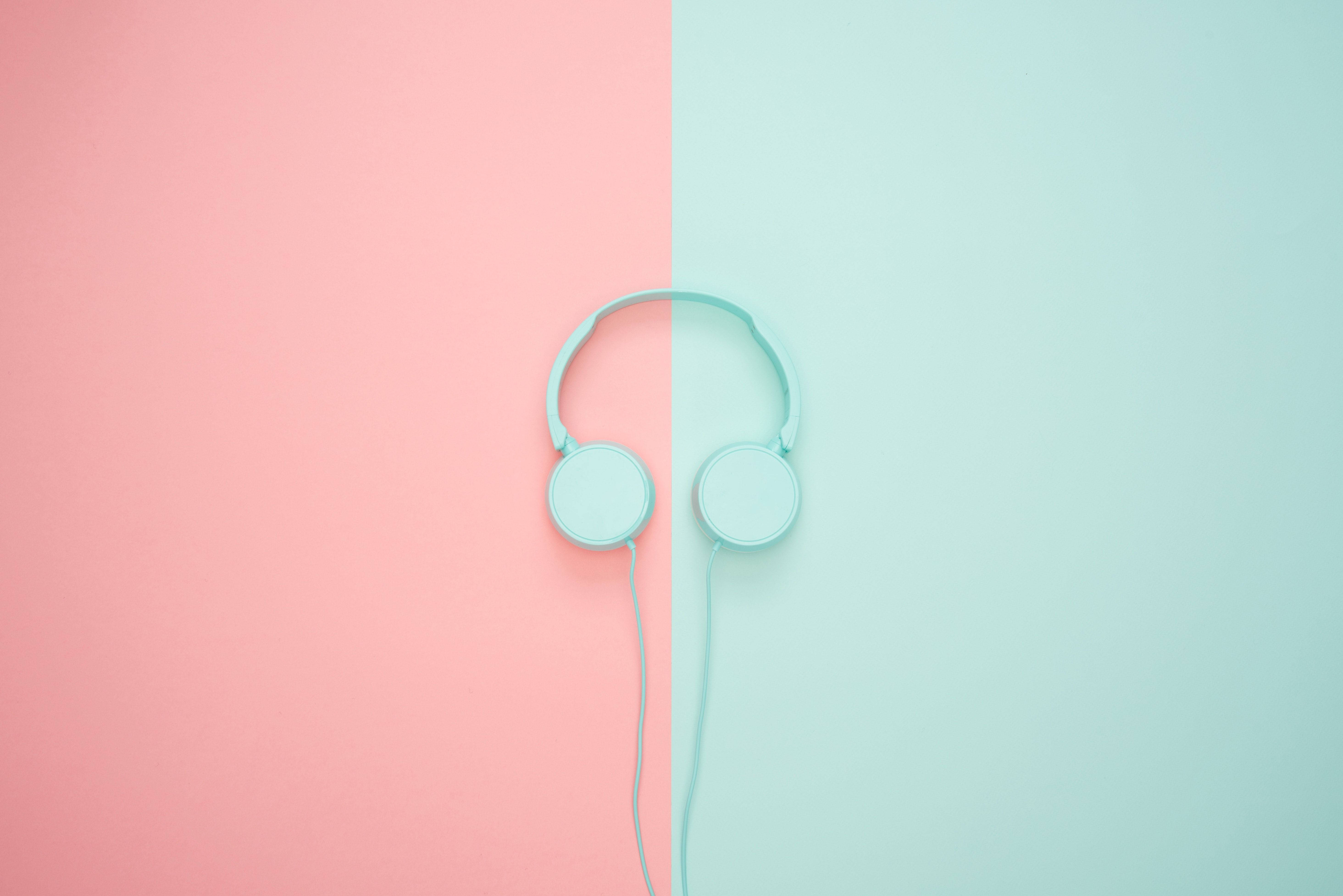 mint green, light blue headphones, pastel pink, 5K Desktop Wallpaper