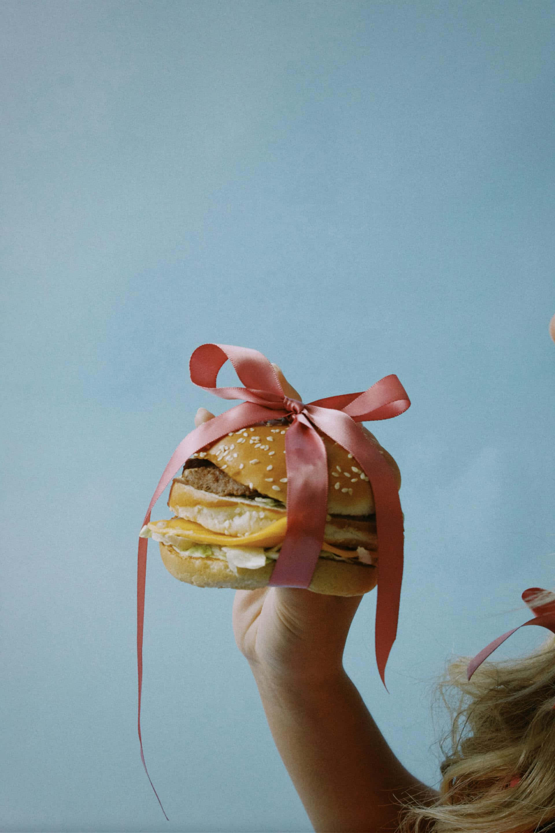 Burgerwith Pink Bow Aesthetic, pink ribbon, hamburger, 2K Phone Wallpaper