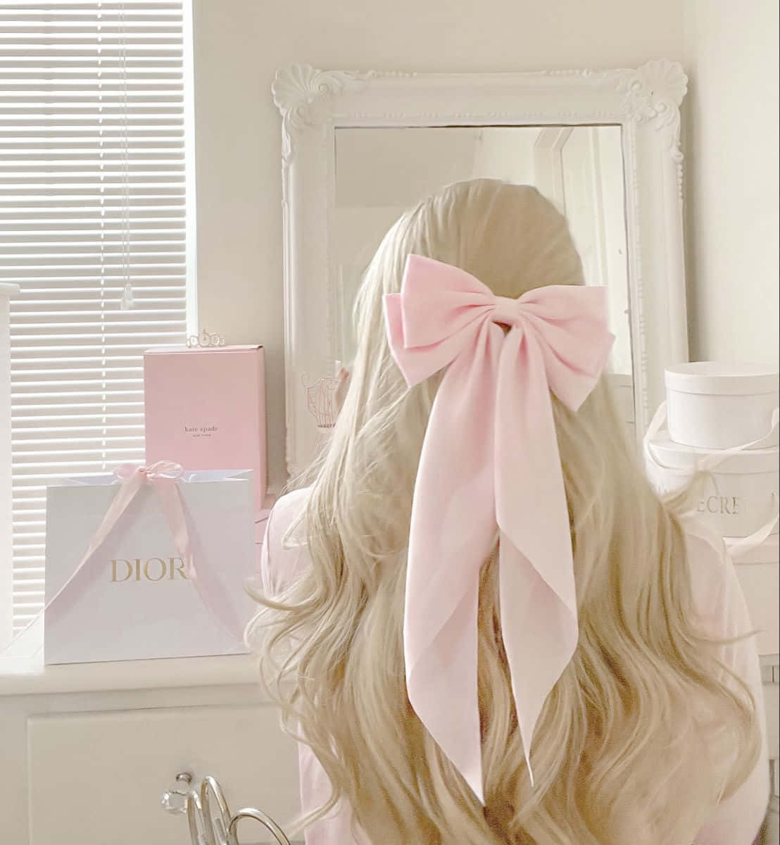 blonde hair, pink bow, white ornate mirror, SD Phone Wallpaper