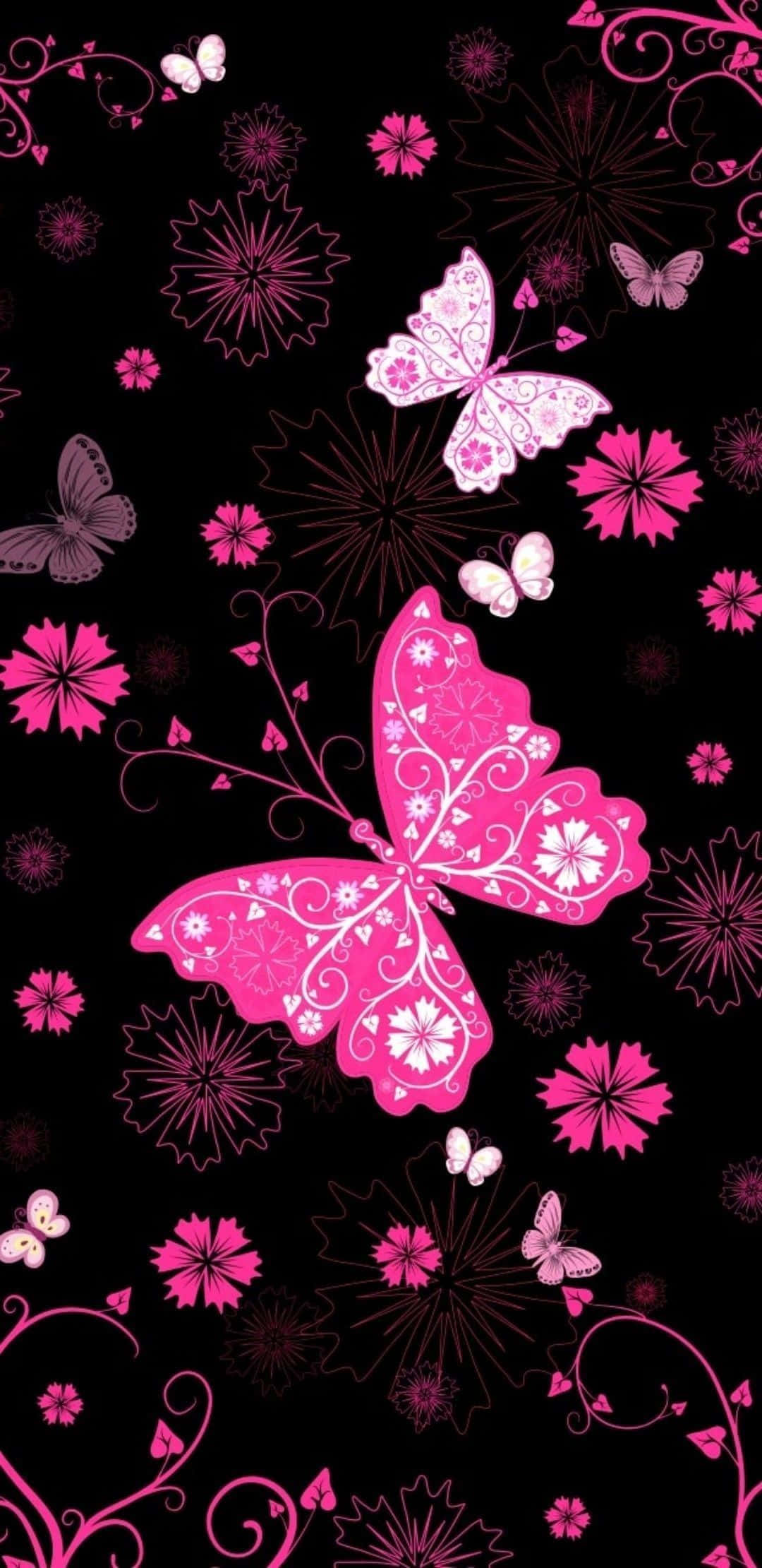 black and pink iPhone, vibrant pink butterflies, floral patterns, Full HD Phone Wallpaper