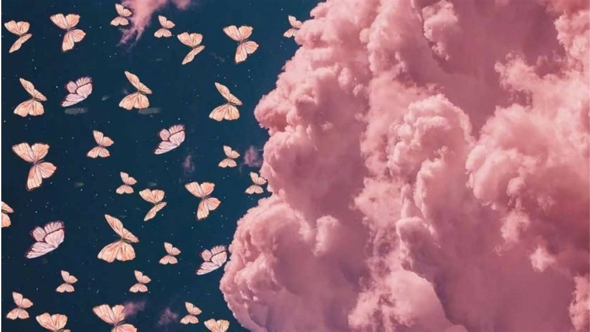 Pink Butterfly, fluffy clouds, starry night sky, Full HD Desktop Wallpaper