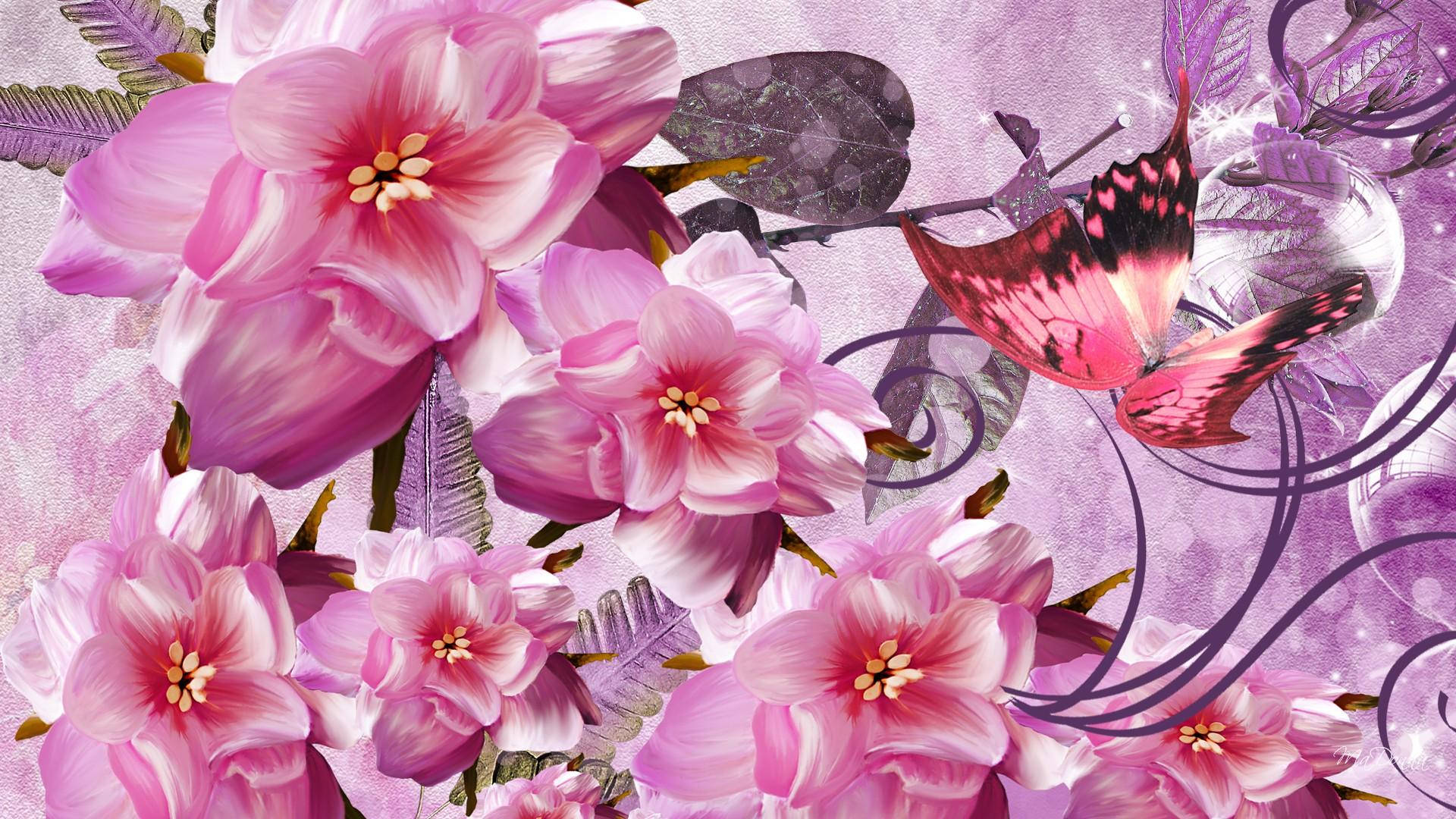 Pink Butterfly, Cherry Blossom, Vibrant pink flowers, Full HD Desktop Wallpaper