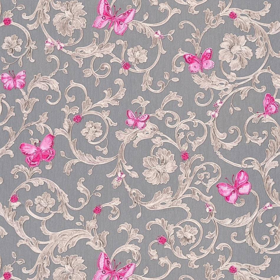 pink butterfly, Victorian design, silver floral vines, SD Desktop Wallpaper