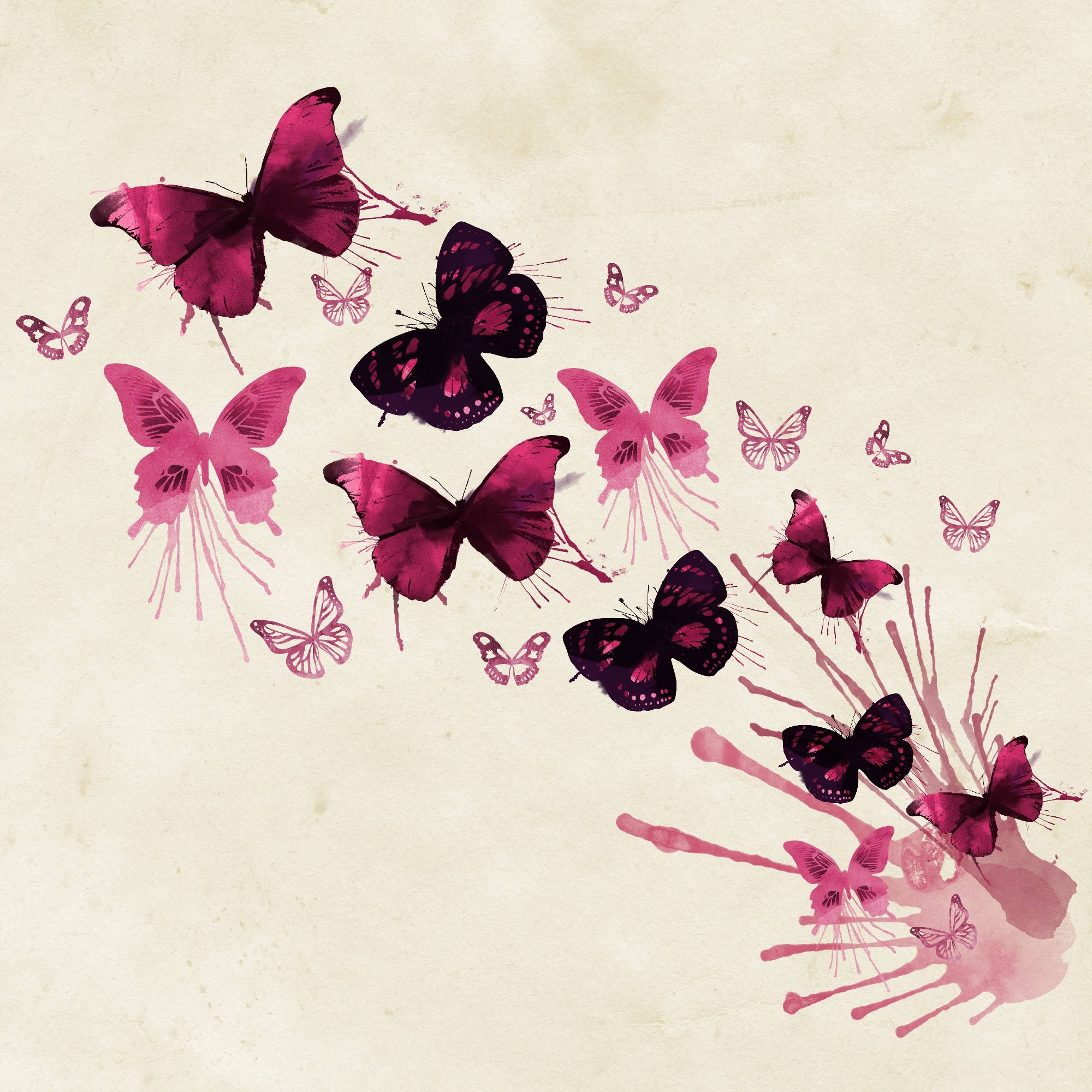 magenta butterflies, ink splatter effects, textured beige paper background, Full HD Desktop Wallpaper