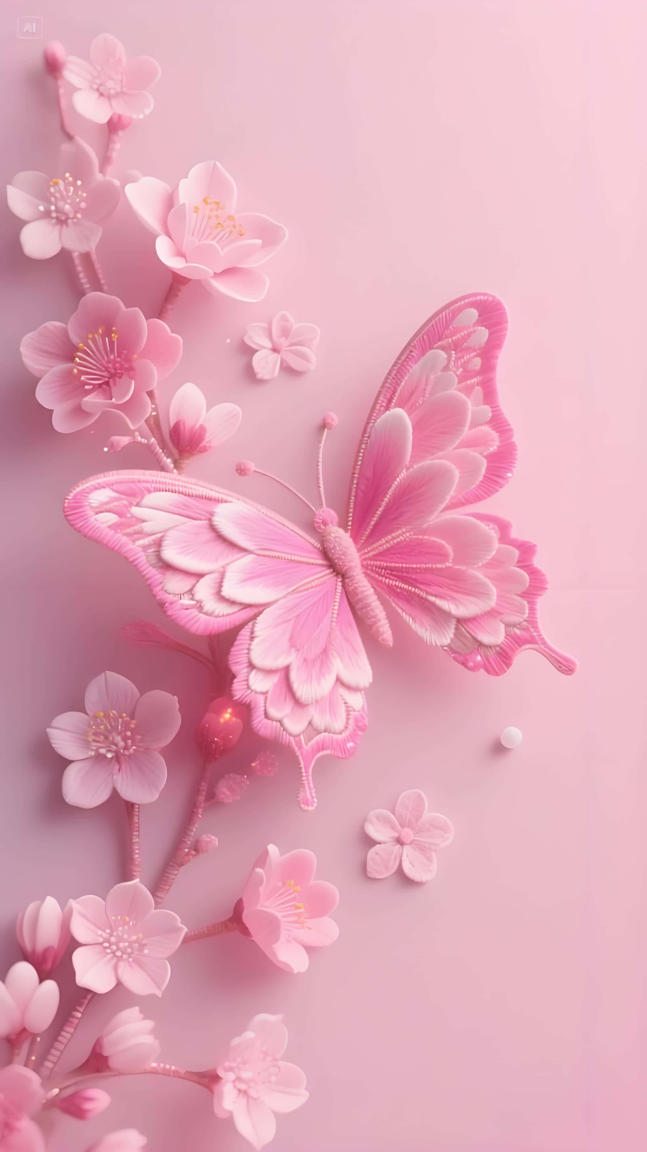 Pink Butterfly, cherry blossom, 3D Romantic Floral Wallpaper, 4K Phone Wallpaper