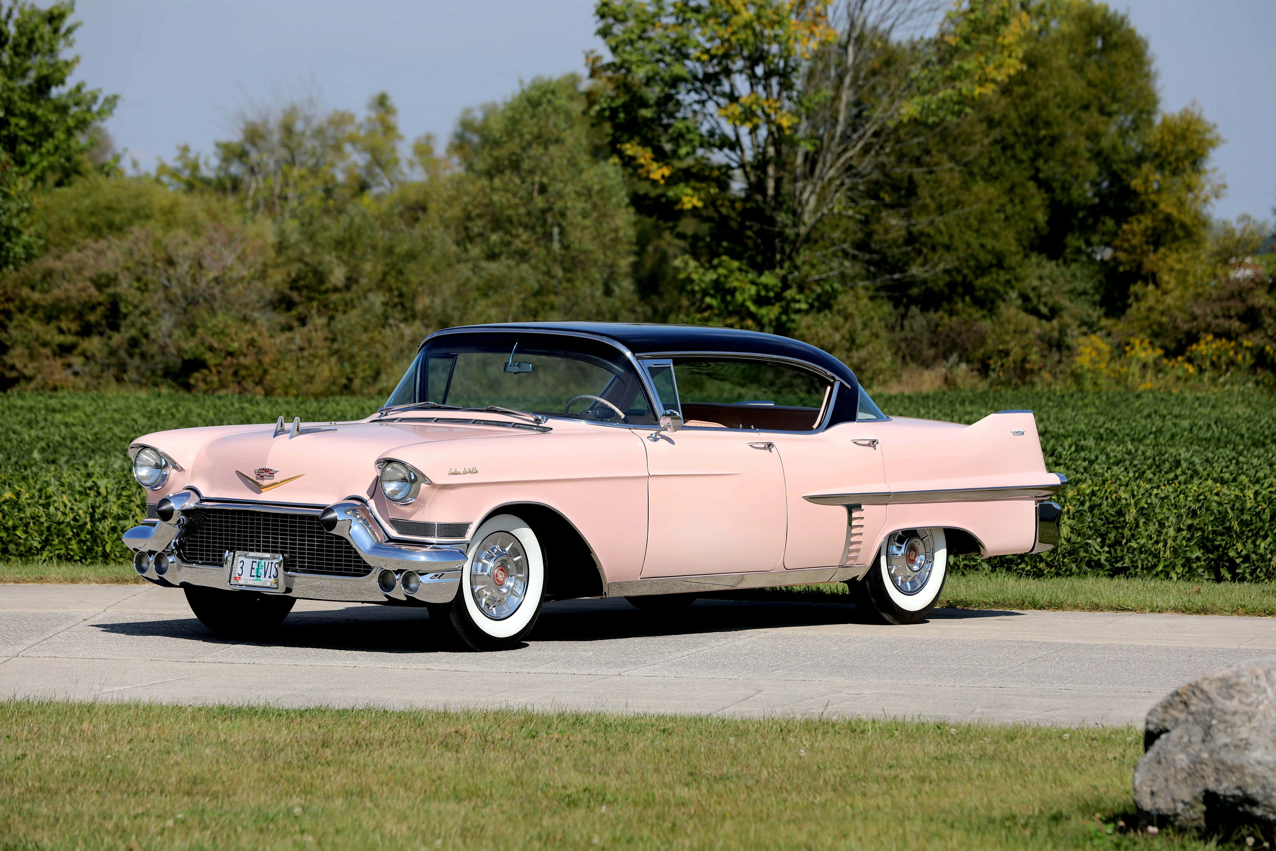 Pink Cadillac, chrome accents, white-wall tires, 4K Desktop Wallpaper