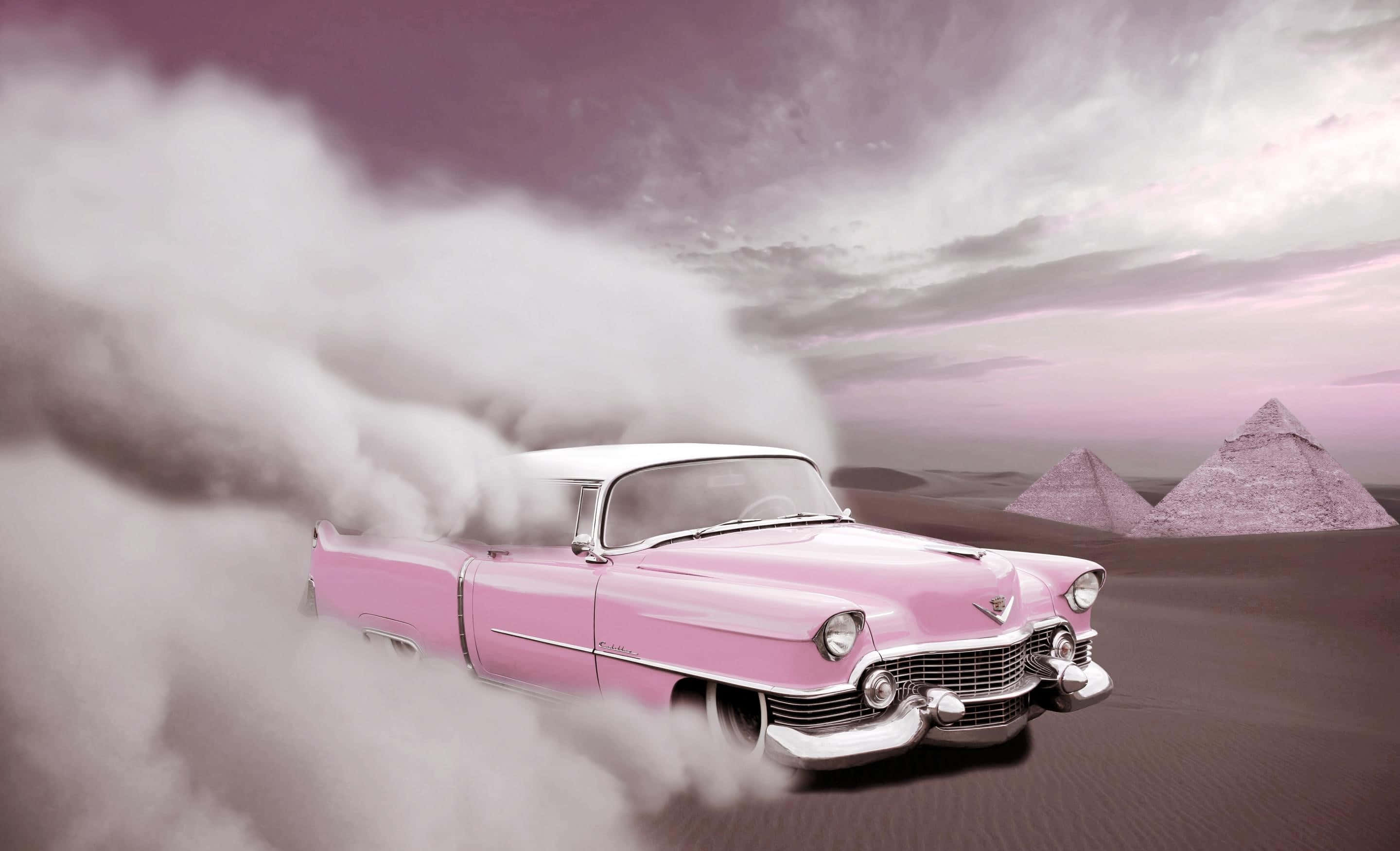 Pink Cadillac, desert haze, pyramids, 2K Desktop Wallpaper