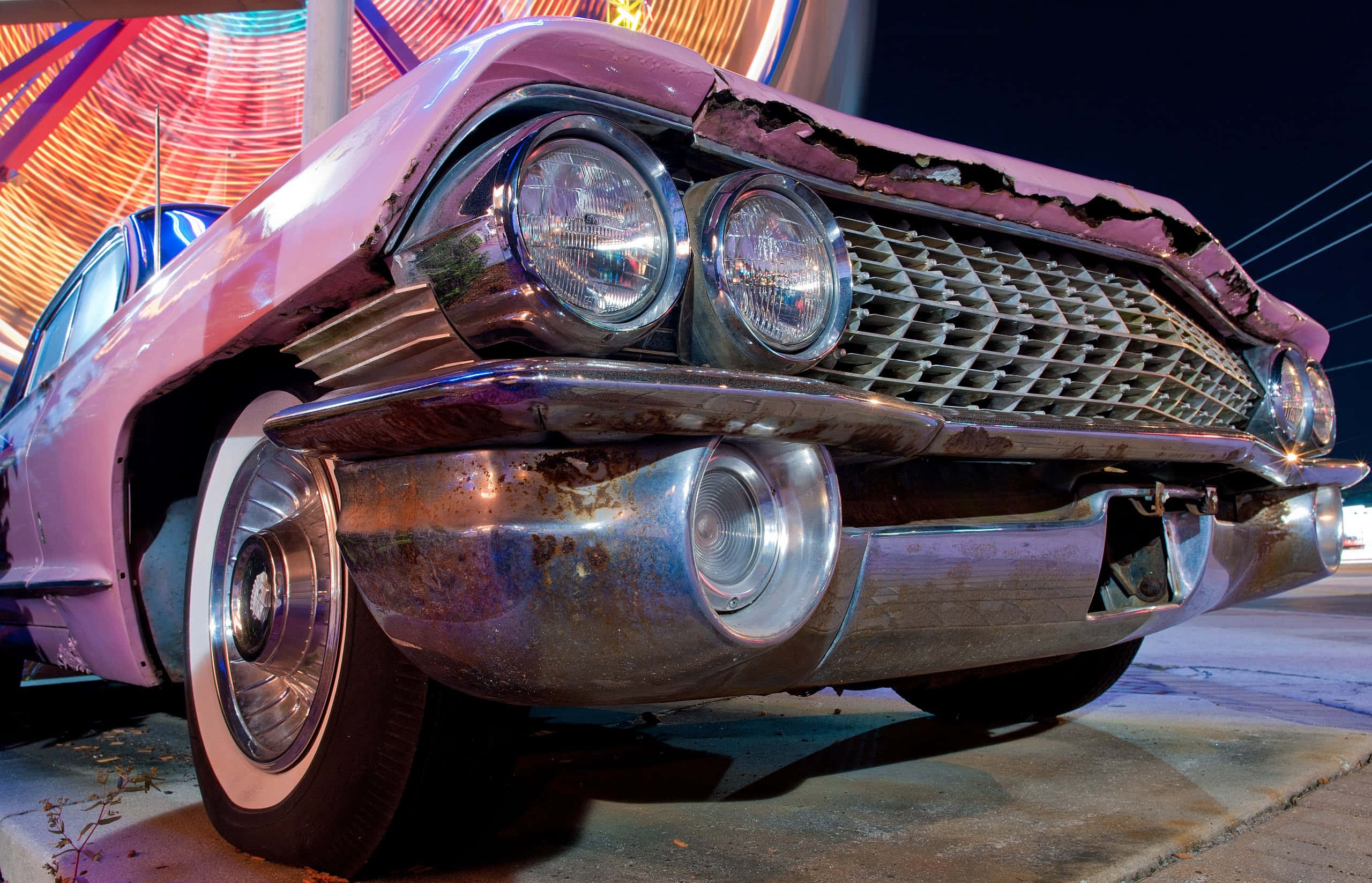 Pink Cadillac, vintage car, chrome details, 2K Desktop Wallpaper